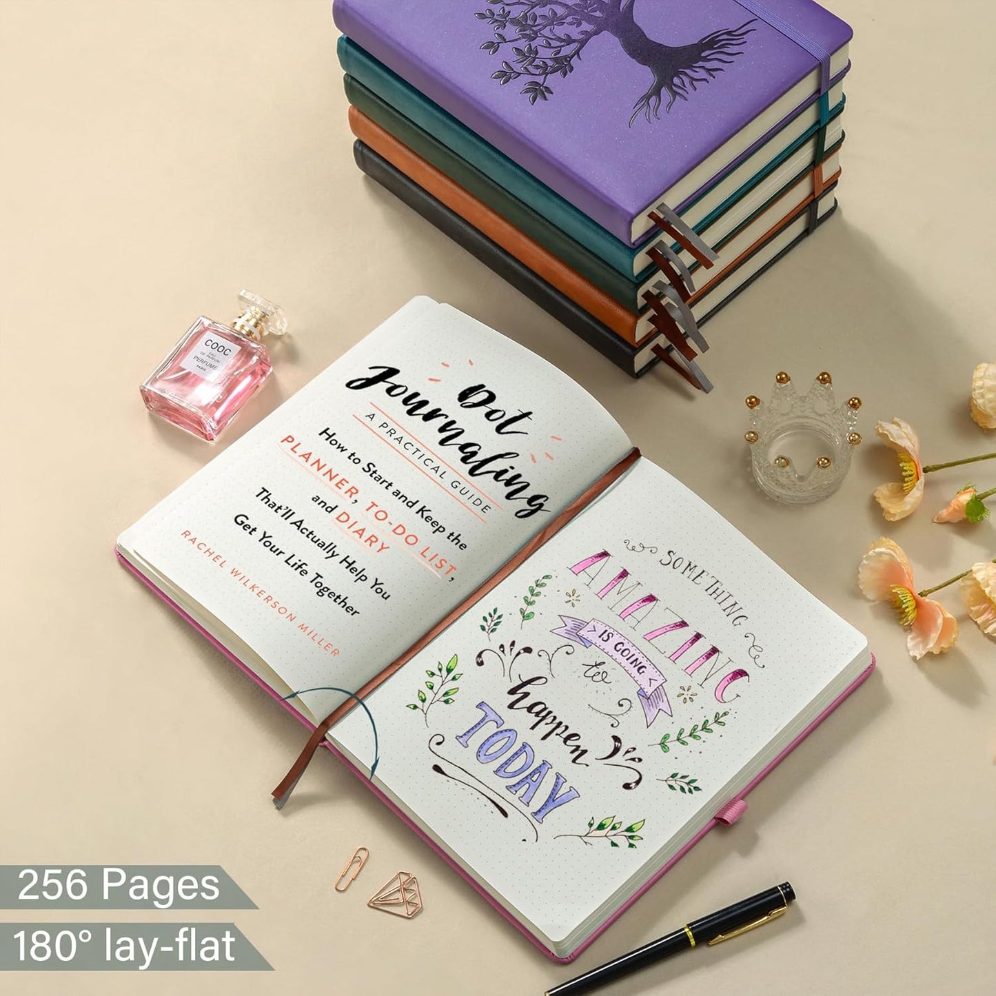 ZXHQ A5 Bullet Dotted Journal Notebook for Women -150gsm Thick Paper, 256 Pages, Dot Grid Hardcover, Tree of Life Design, Fine Inner Pocket - 5.9" × 8.5" Pink