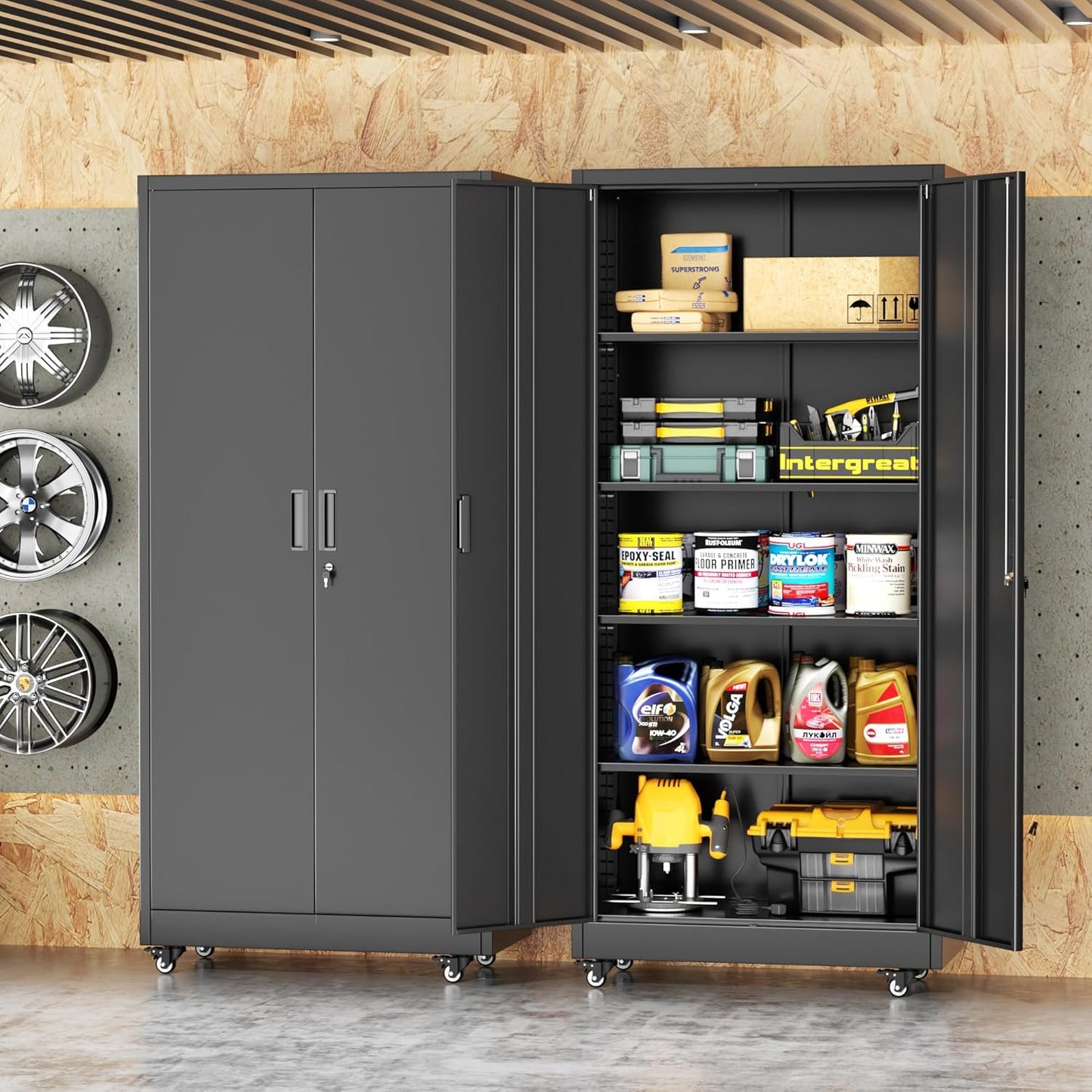 INTERGREAT Rolling Storage Cabinet, 73" Tall Lockable Tool Cabinet with Pegboard and Shelves, Heavy-Duty File Cabinet with Wheels for Garage, Basement, Warehouse, Black