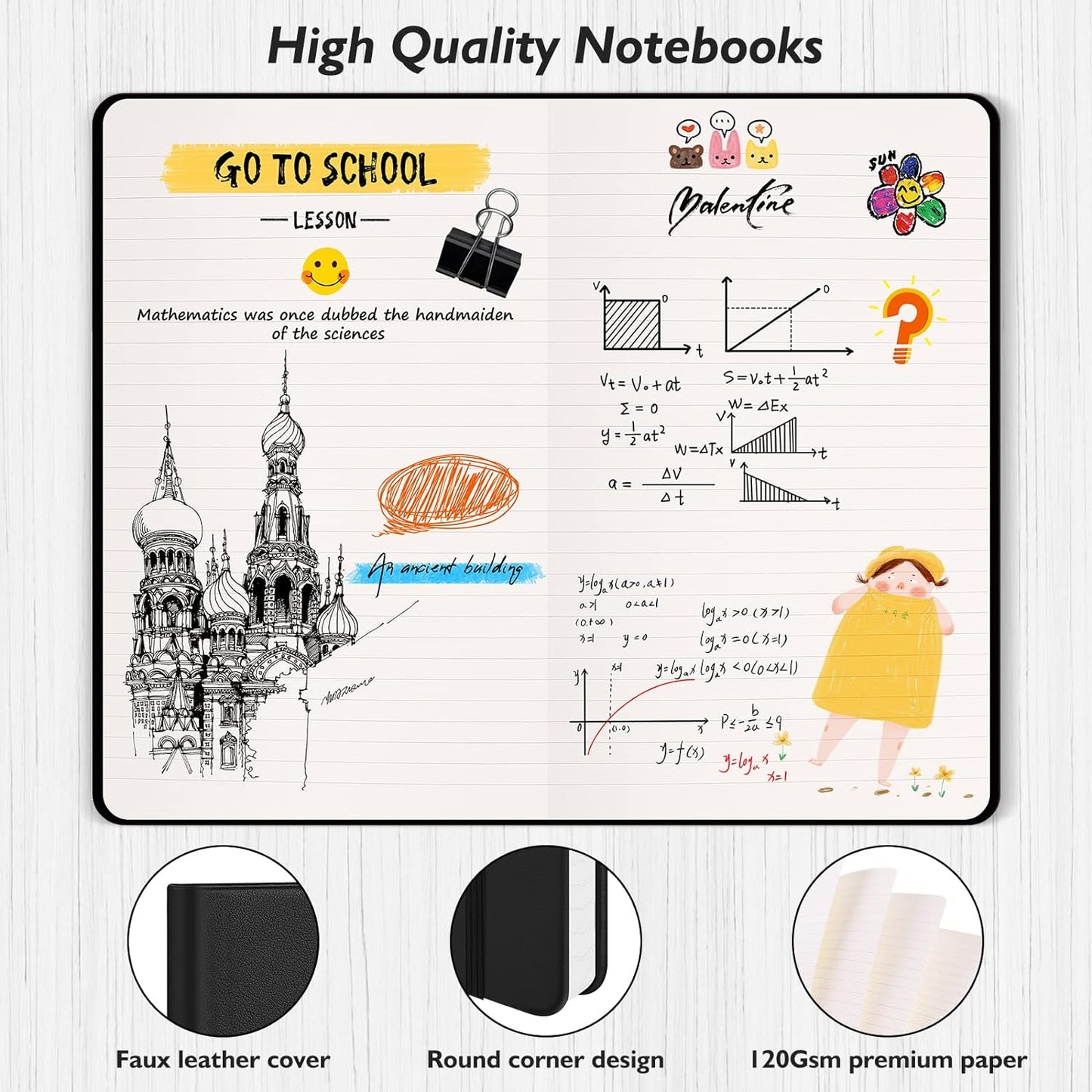 Huhuhero Lined Journal Notebook, 5 Pack Black Hardcover Notebooks for Work Women Men, 120Gsm Thick Paper Leather Journals for Writing Note Taking Business, Journaling School Supplies 5"×8.25"