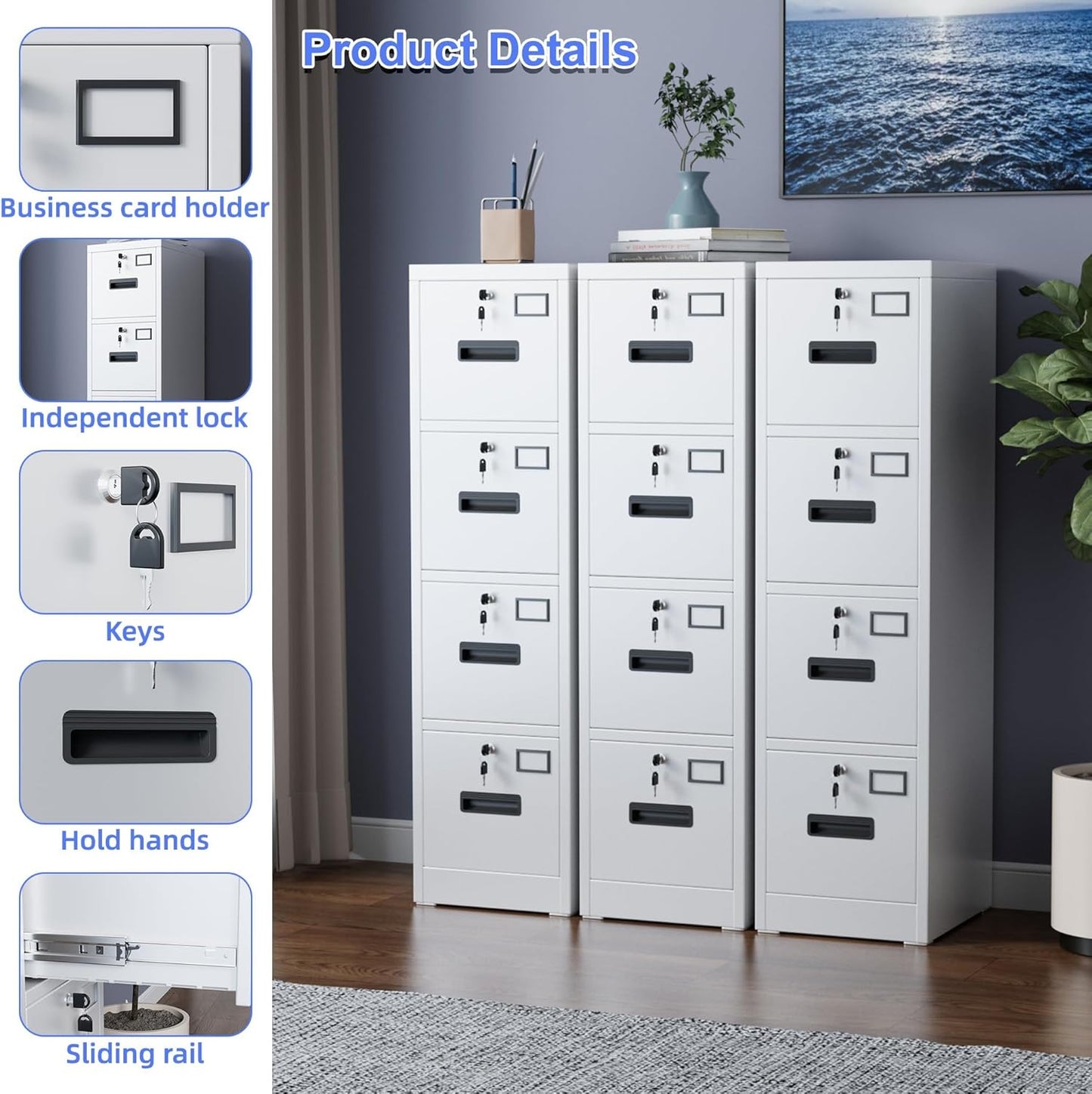 4 Drawer File Cabinet, Metal Vertical File Storage Cabinet with Lock, Office Home Steel Vertical File Cabinet for A4 Letter/Legal Size, 14.96" W x 17.72" D x 55.2" H, Assembly Required