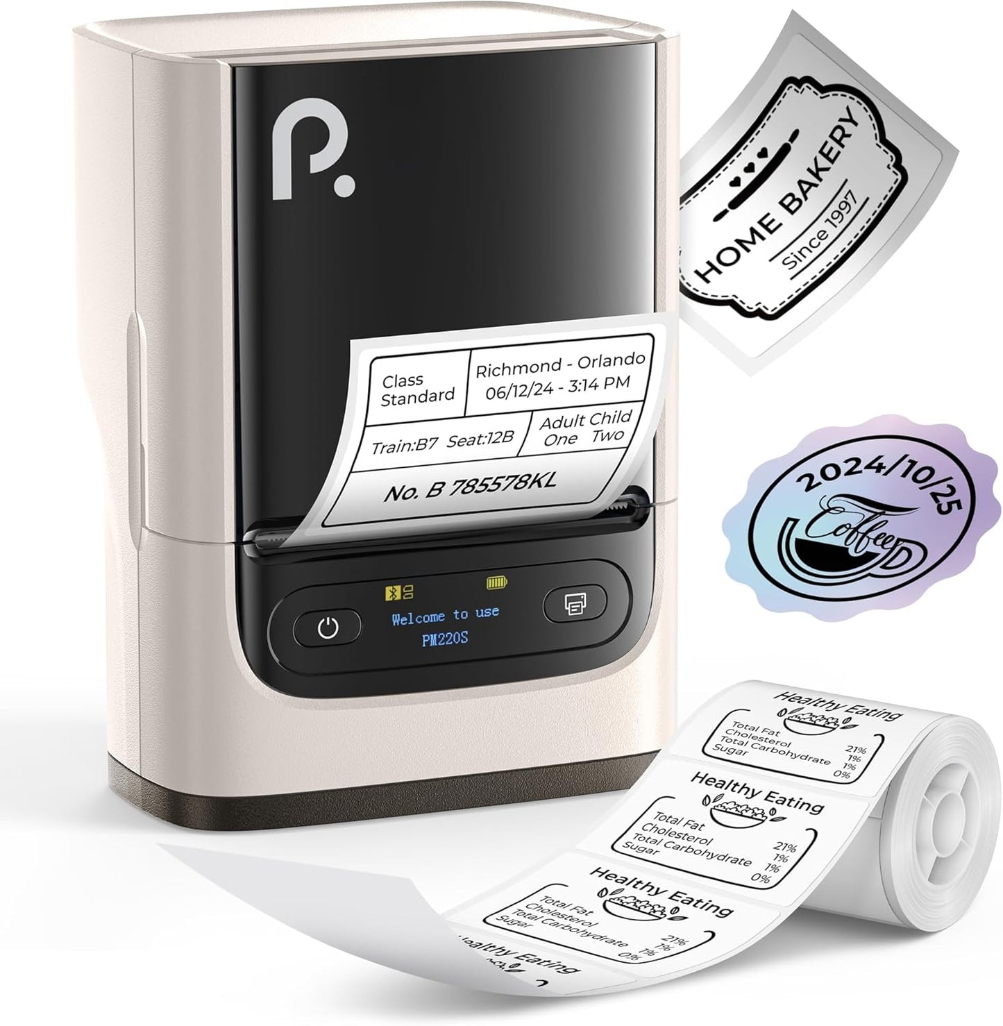 PM220S Label Maker Machine with Tape, 2 Inch Bluetooth Portable Thermal Label Printer for Small Business, Beige