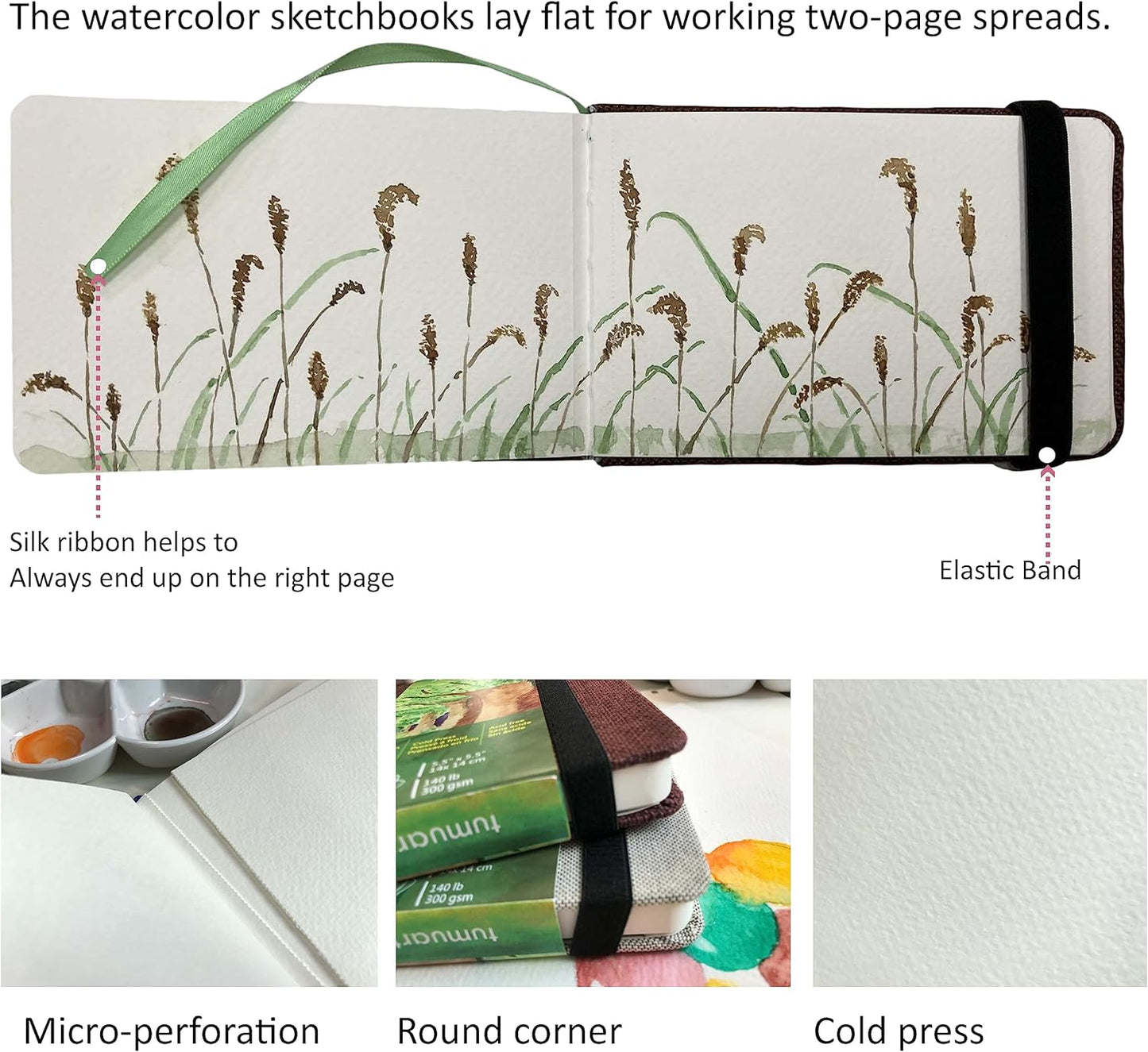 tumuarta Watercolor Journal, 8.25x5.5, 140 LB, 300 GSM, Cotton Paper, Cold Press, 24 Sheets, 48 Pages, Watercolor Paper Sketchbooks for Use As Travel Notebook and Mixed Media Pad