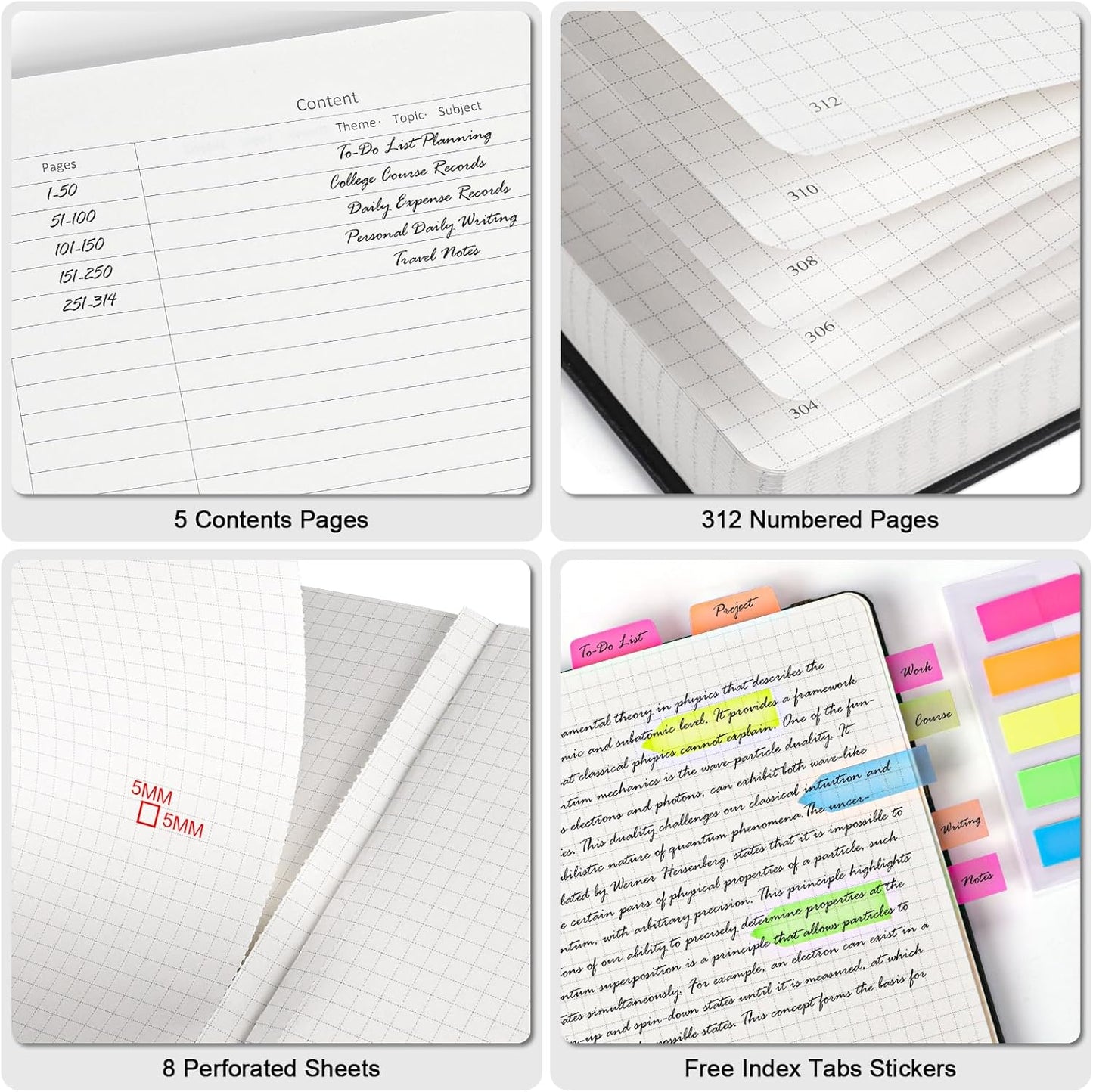 Graph Paper Notebook, 312 Numbered Pages Large A4 Hardcover Leather Journal, 100gsm No Bleed Grid Paper Notebook with Index Pages, Squared Grid Notebook for Graphing Notes Math, 8.5'' × 11'', Black