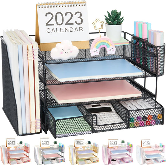 Desk Organizer and Accessories, 4-Tier Desktop File Organizer with Drawer and 2 Pen Holders, Office Desk Accessories for Office Supplies(Black)