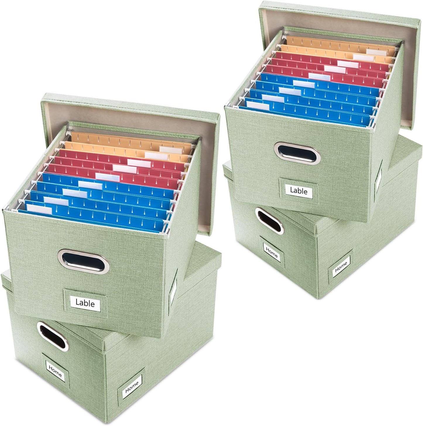 PRANDOM File Organizer Box - Set of 4 Collapsible Decorative Linen Filing Storage Hanging File Folders with Lids Office Cabinet Letter/Legal Size Green 17.1x14x11.1 inch