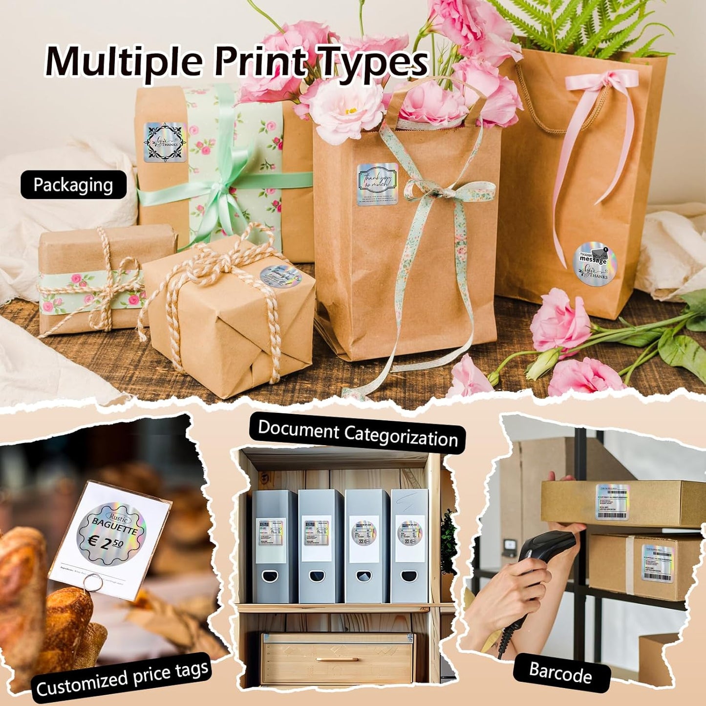 HuiJuKeJi 2 Rolls Holographic Silver Thermal Labels Paper for Phomemo M110 M200 M220 M221,50x50MM Round＆Square,Waterproof Self-Adhesive Mini Printer Laser Stickers for DIY Glitter Labels/Thanks Card