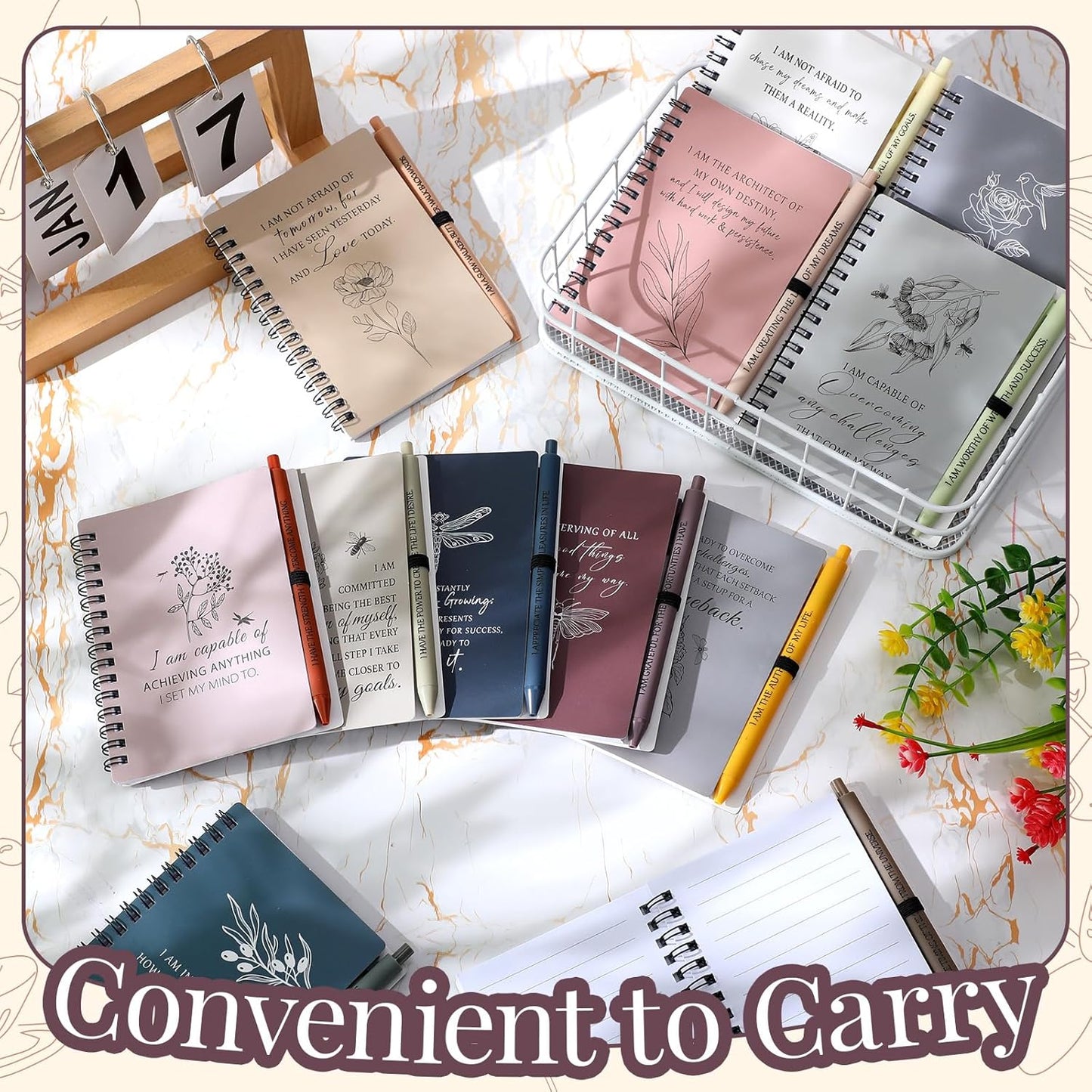 Kosiz 24 Pcs/12 Set Positive Affirmation Gifts Gratitude Spiral Notebooks with Pens Motivational Encouragement Notepads Daily Affirmations Journal for Women (Simple)
