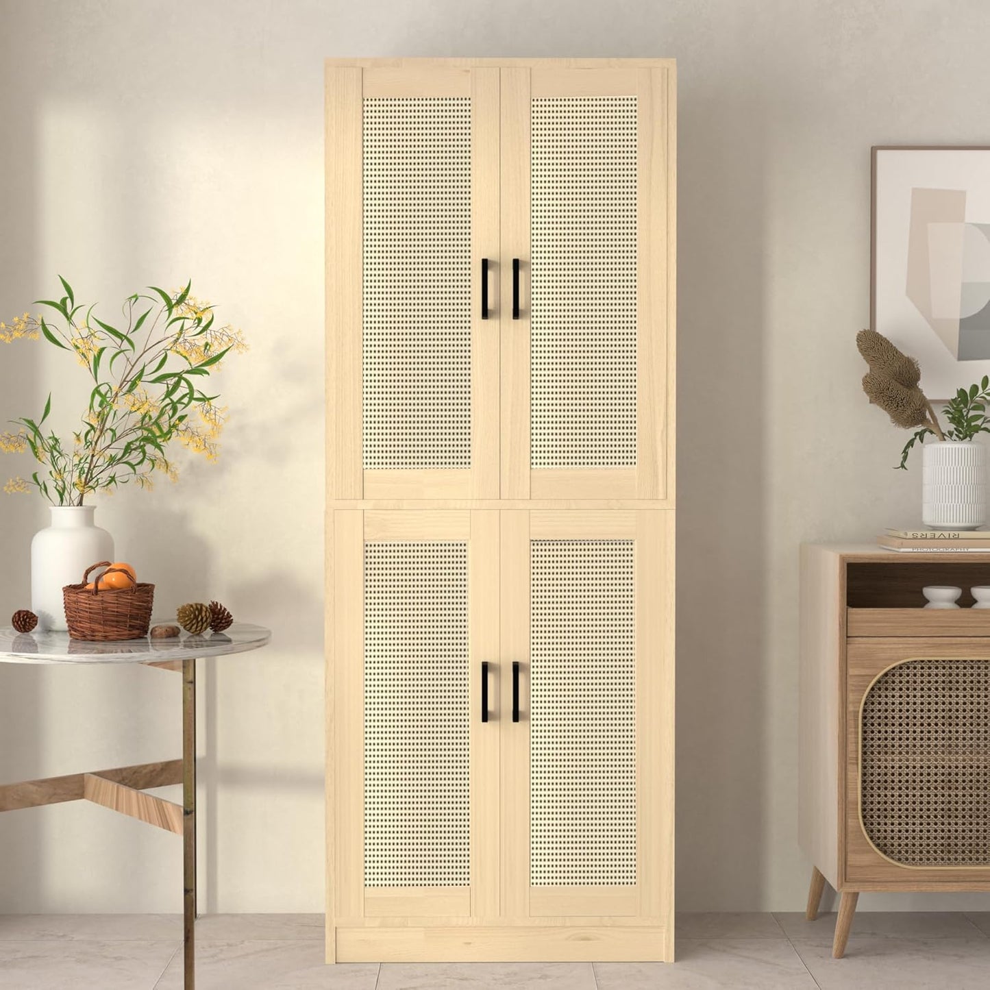 Oak Rattan Kitchen Pantry, 71" Tall Storage Cabinet with Doors, Boho Hutch for Dining Room