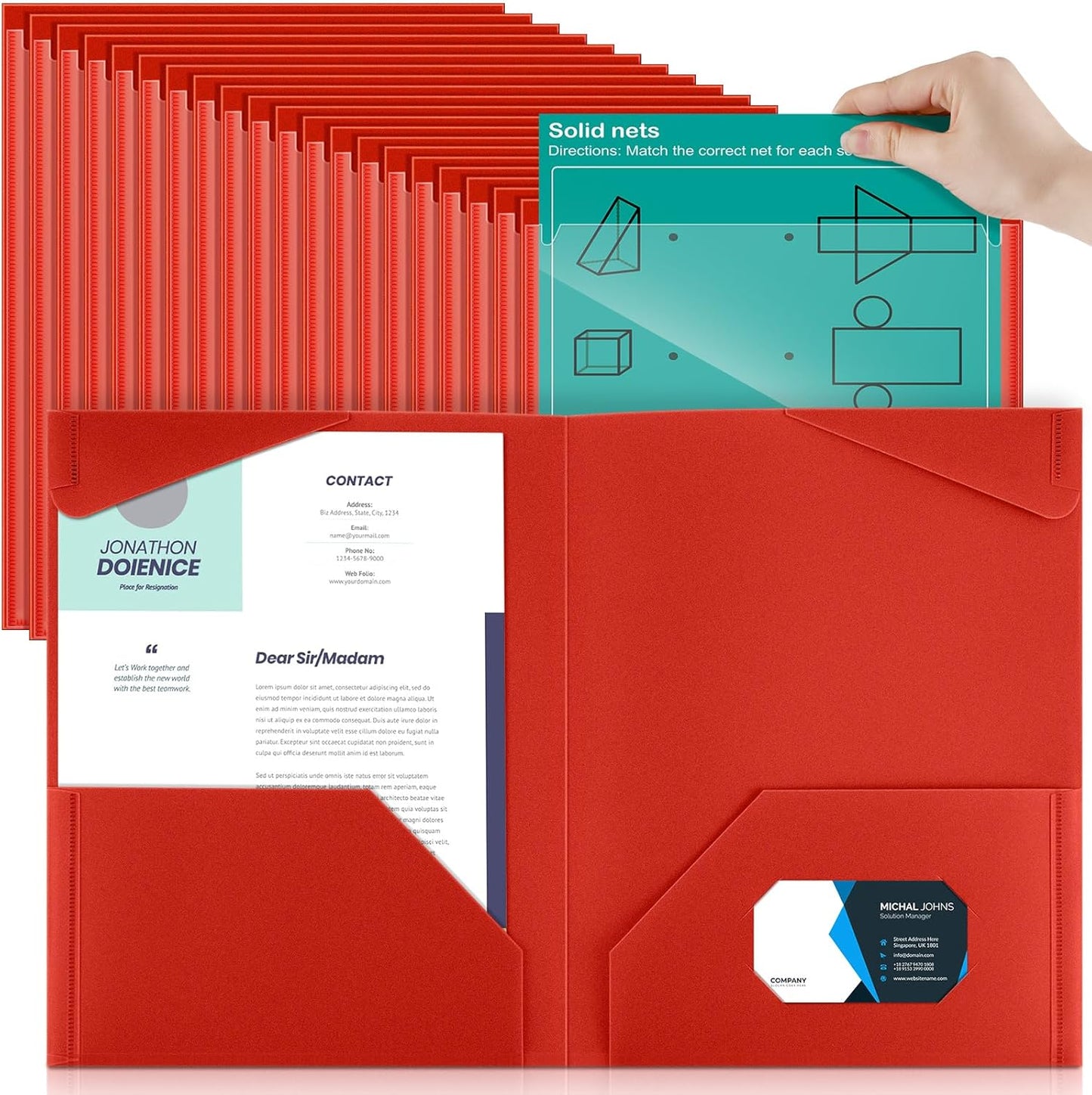 Henoyso 100 Pcs Plastic Folders with Clear Front Pockets Bulk Heavy Duty File Folders with 2 Pockets and Card Slot for Student Teacher Back to School Supplies Office Presentation (Red)