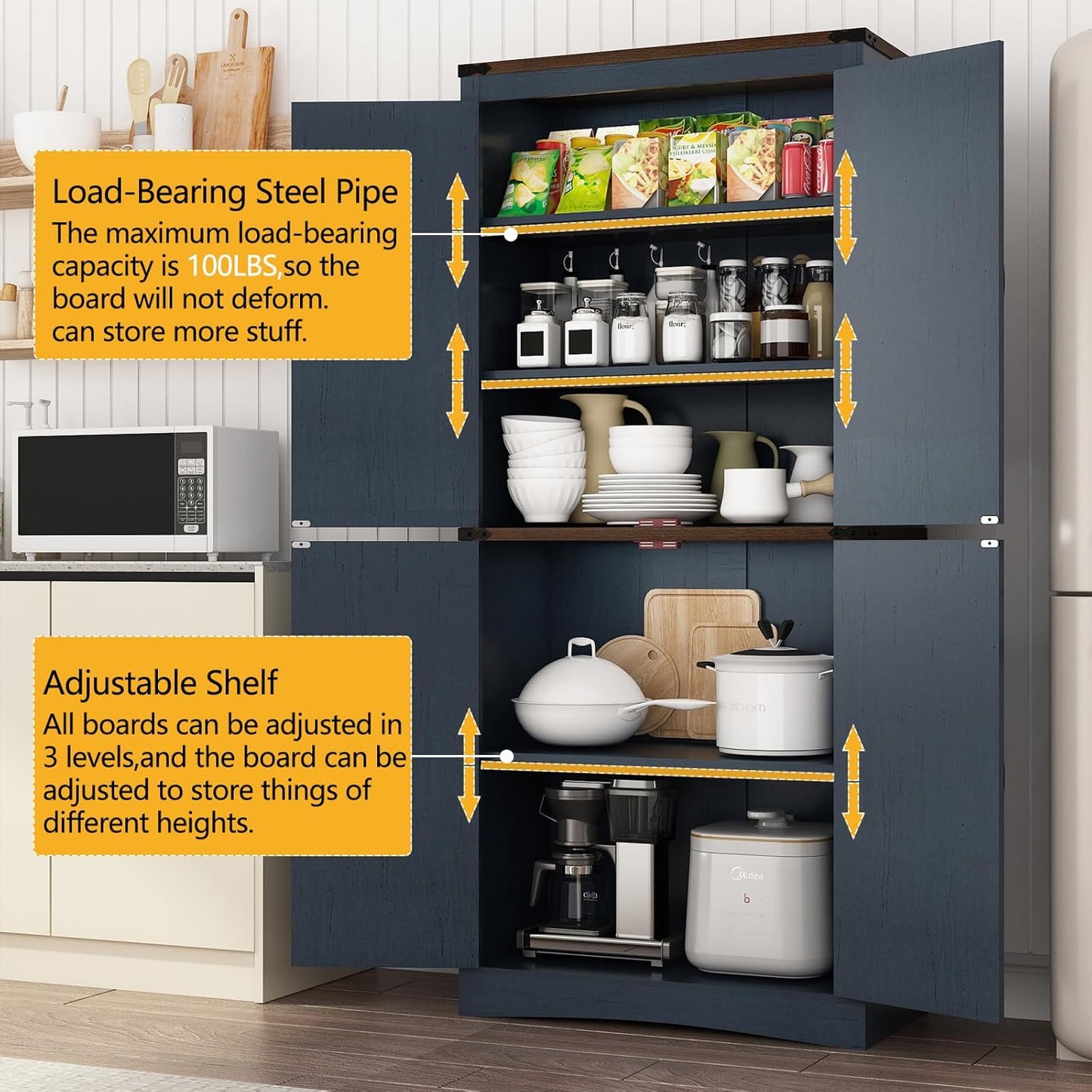 71in Farmhouse Kitchen Pantry Cabinet,Tall Storage Cabinet with 4 Doors and Adjustable shelves,with Load-Bearing Steel Pipe,Wood Storage Cabinets for Kitchen,Dining Room,Bathroom(Rustic Blue)