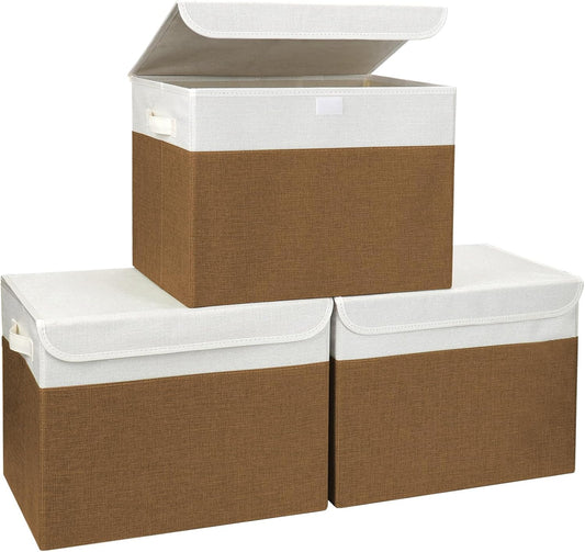 Large 17" 42 Quarts Collapsible Stackable Storage Bins with Lids [3-Pack] Foldable Fabric Linen Storage Boxes Cube, Closet Organizer Baskets with Label for Home (16.7 x 12 x 12", Brown & White)