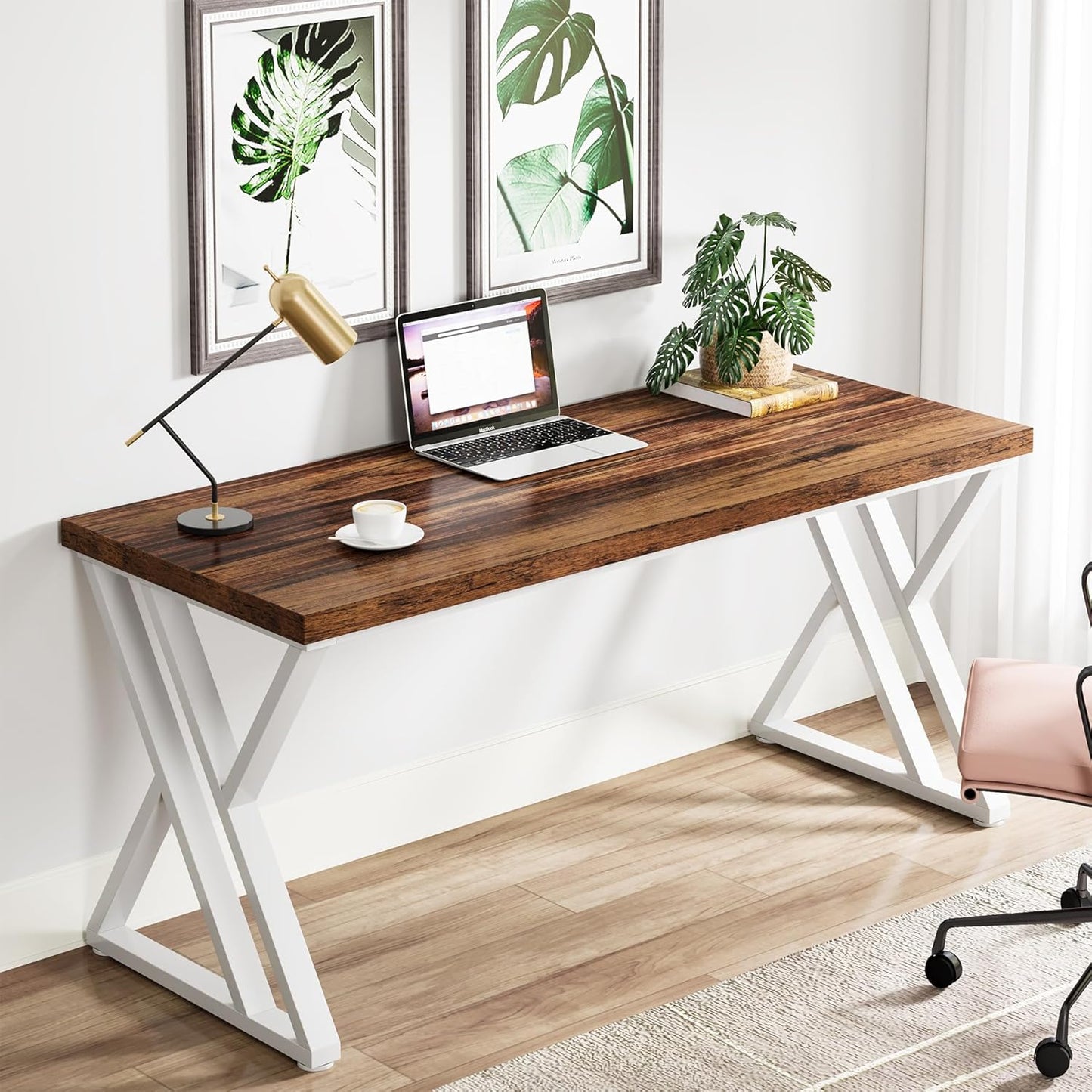 Tribesigns Modern Walnut/White 55" Heavy Duty Computer Desk, Study & Work Desk, 23.6"D x 55.1"W x 29.5"H, Z-Shaped Metal Legs, 330 lbs Capacity