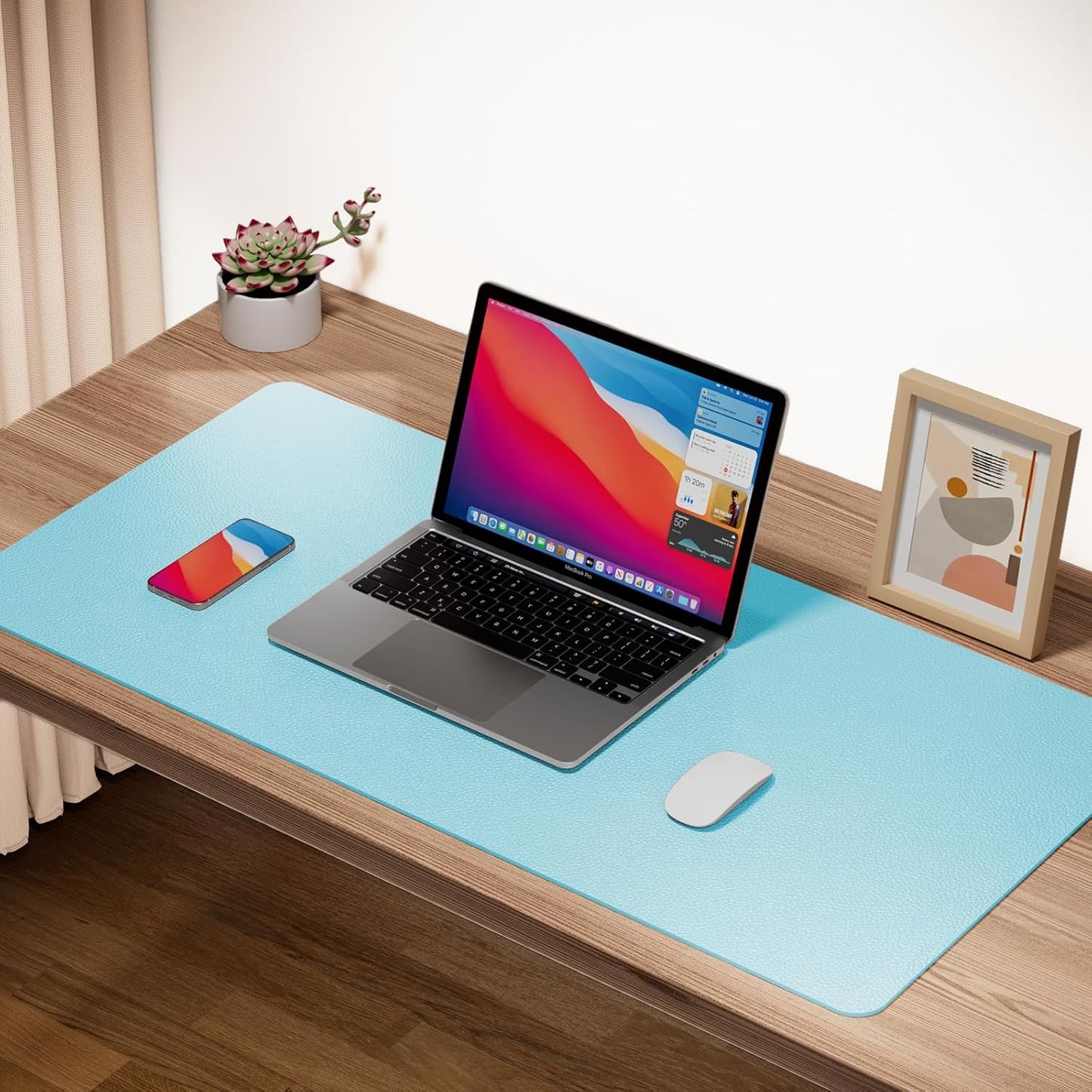 Boutilon Leather Desk Pad 30" x14",Non-Slip Mouse Pad,Office Desk Mat,Waterprooft PU Leather Desk Blotter,Desk Pad Protector,Desk Writing Pad for Home Office Decor (M-Light Blue)