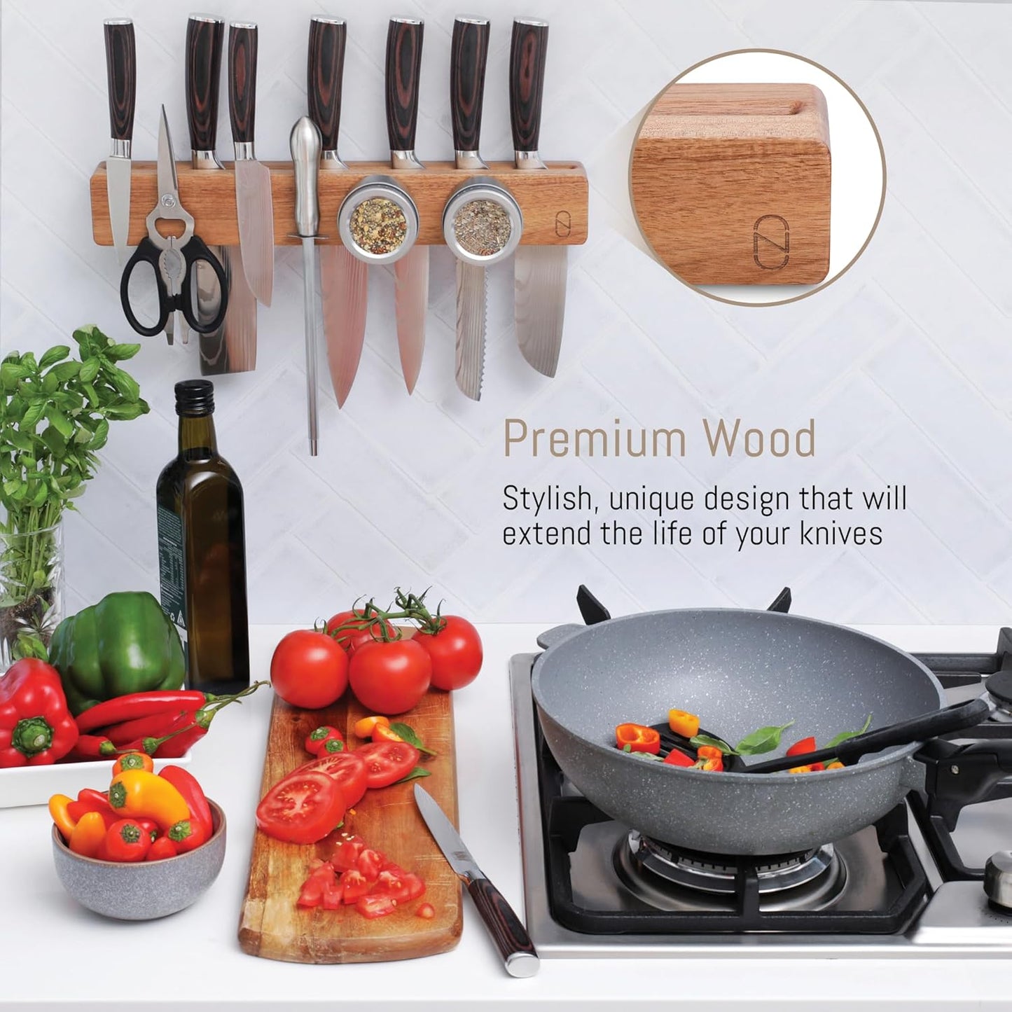 Premium 16 inch Magnetic Knife Holder for Wall with 2x Storage & Charming Wood - Knife Magnetic Strip, Under Cabinet Magnet Knives Storage - Magnet Strip Rack Kitchen Utensil Holder Organizer Tool