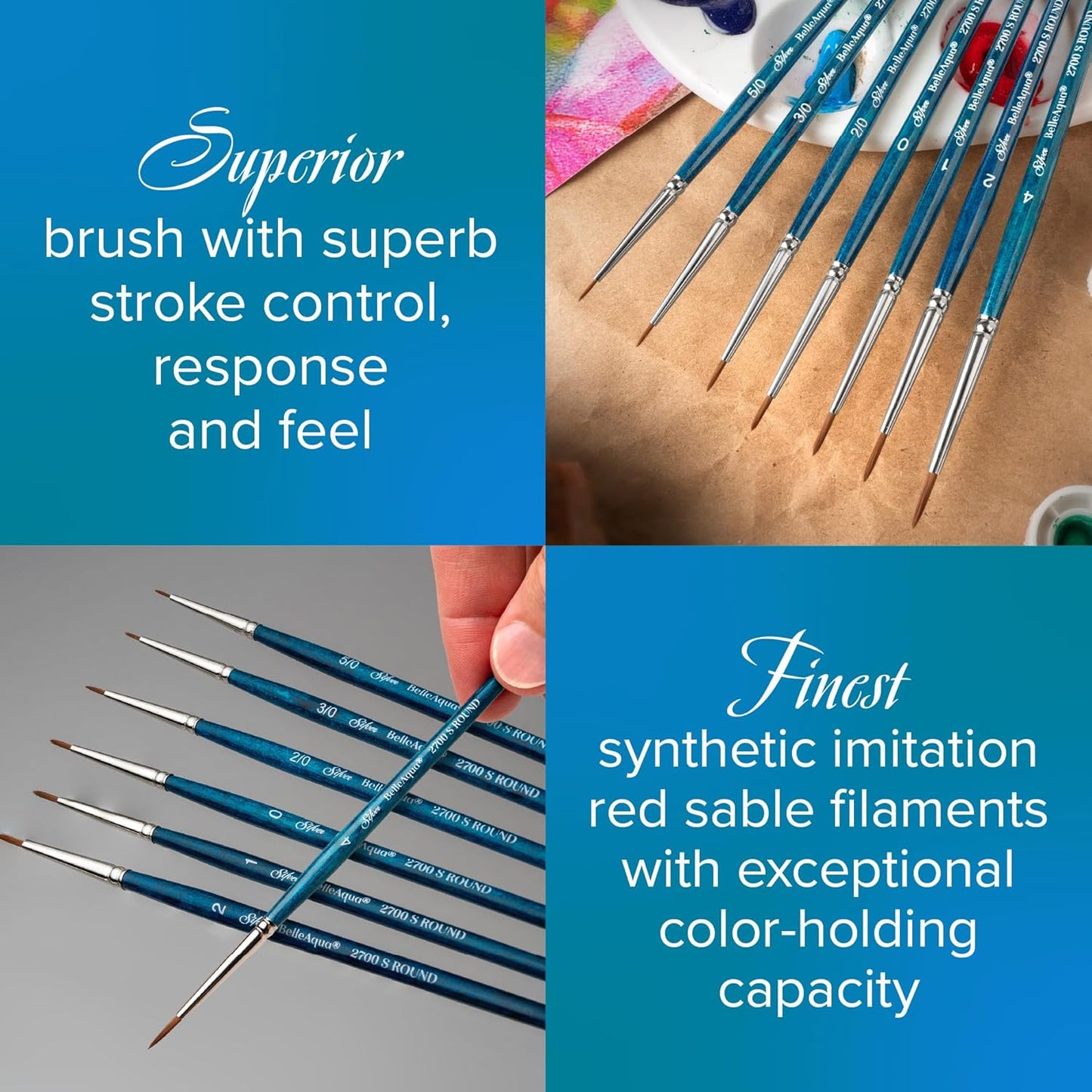 Silver Brush Limited BA-2750S BelleAqua Wet and Wild 13pc Professional Watercolor Brush Set, Soft Synthetic Red Sable Round Paint Brush Set, Sizes 5/0, 3/0, 2/0, 0, 1, 2, 4, 6, 8, 10, 12, 16, & 20