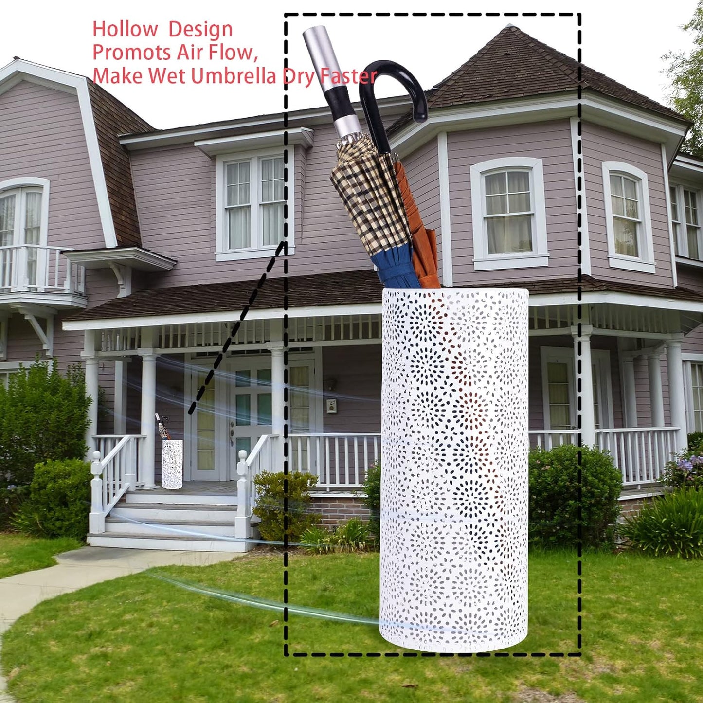Umbrella Stand Rack for Entryway, Free Standing Metal Umbrella Holder, Round Umbrella Organizer Bin with 3 Hooks for Long Short Umbrella, Walk Stick, Home Office Indoor, 17 x 7 Inch, White