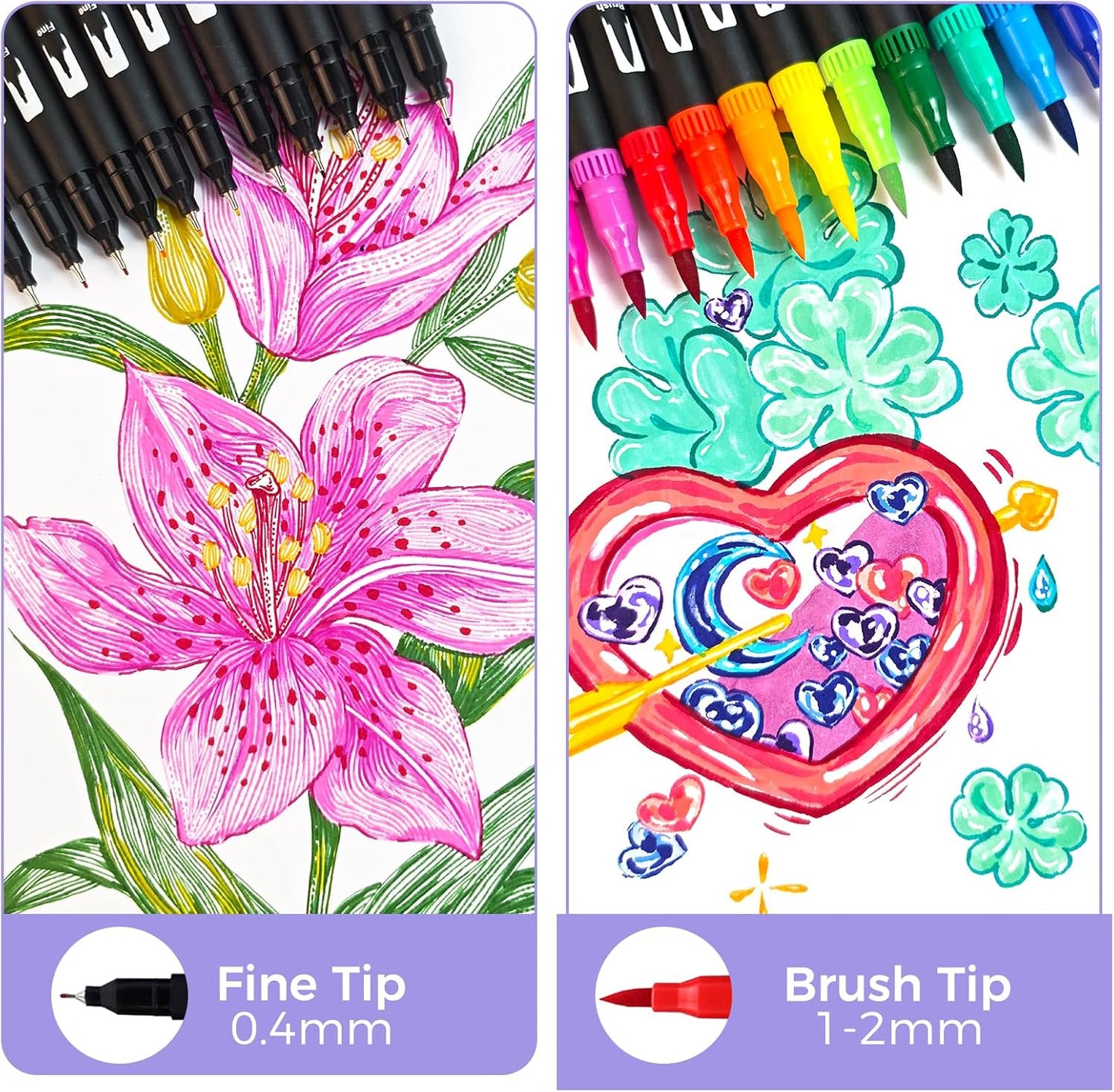 Artecho 72 Colors Markers for Adult Coloring Books No Bleeding, Dual Tip Markers for School, Fine and Brush Tip for Adults Coloring Books, Calligraphy, Drawing, Sketching