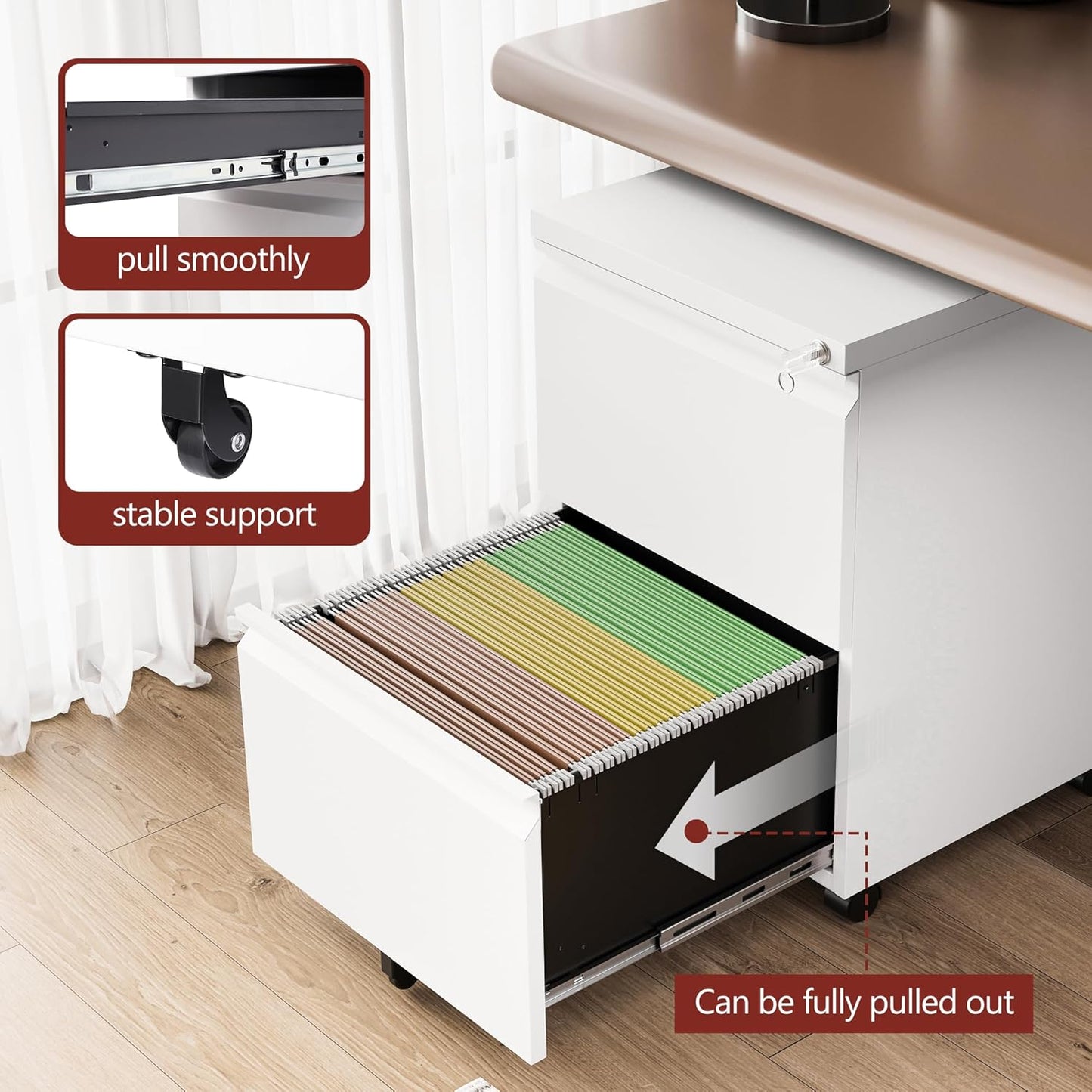2 Drawer File Cabinet，Mobile Filing Cabinet with Lock and Wheels，Un-Assembled Metal Under Desk File Cabinets for A4/Letter/Legal Size（White