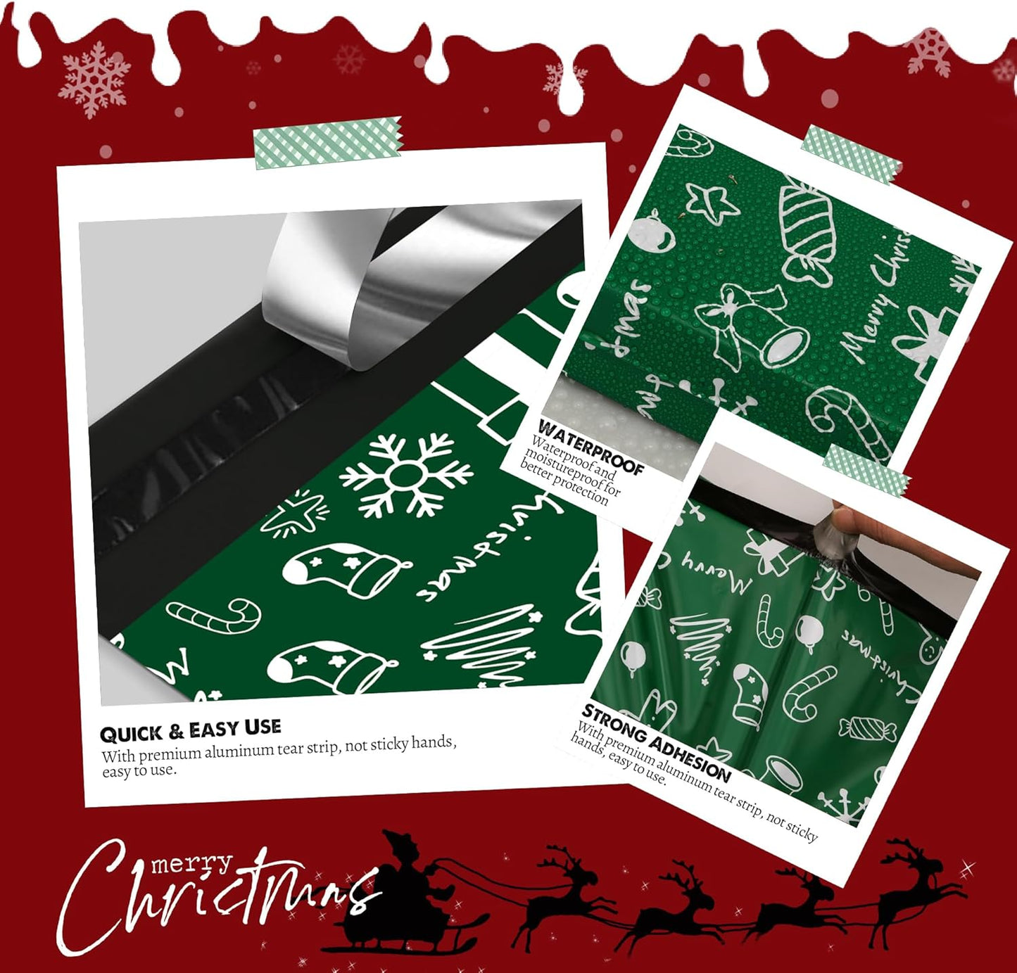 Christmas Poly Mailer 10x13 Inch 100 Pcs, Waterproof Shipping Bags for Clothing, Tear-Resistant Mailier Bags, Strong Mailing Bags with Self-Seal - Green Merry Christmas