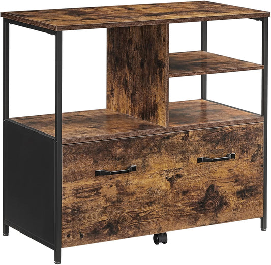 VASAGLE Lateral File Cabinet for Home Office, Filing Cabinet with Open Shelves and Drawer, for A4, Letter and Legal Sized Documents, Printer Stand, Rustic Brown and Ink Black UOFC043B01