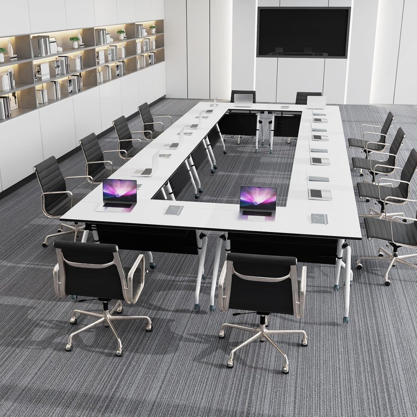 Conference Table, Folding Conference Room Tables, Mobile Training Tables with Silent Wheels, Large Rectangular Modular Seminar Table Office Computer Desks for Classroom White (10Pack L70.9in)