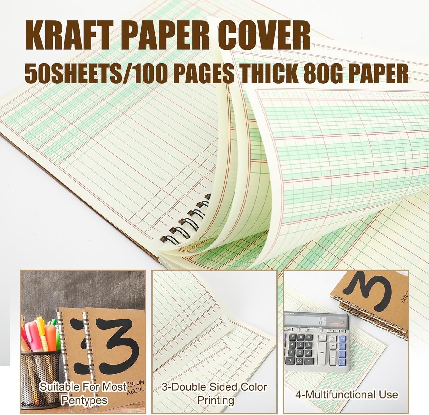 2 Pcs Accounting Ledger Book 3 Column 7 * 9.25inch Columnar Notebook Columnar Pad 3 Columns Kraft Paper Cover 100 Pages for Personal Use Small Business(50 Sheet)