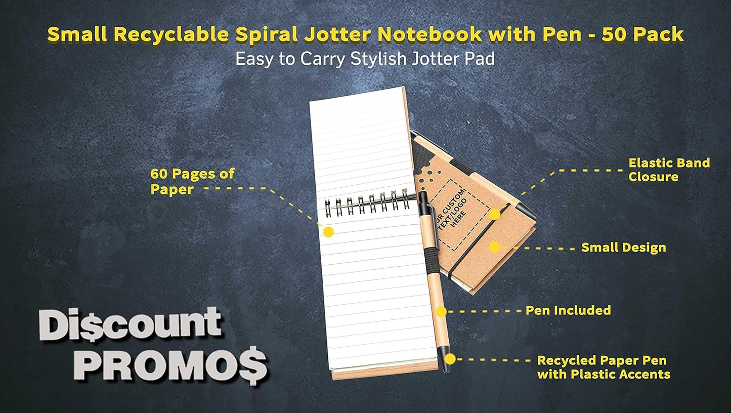 DISCOUNT PROMOS 50 Recyclable Spiral Small Notebooks Pack - Customizable Text, Logo - 60 Lined Pages - Black