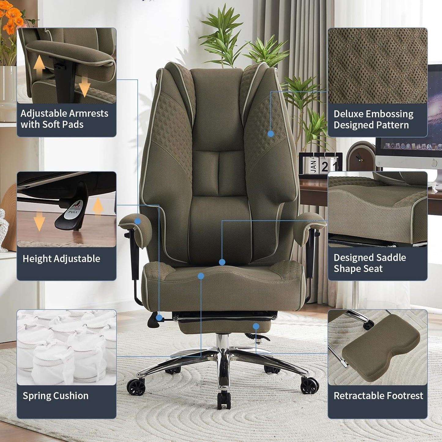 Big and Tall Office Chair 400lbs Wide Seat, Leather High Back Executive Office Chair with Foot Rest, Ergonomic Chairs Lumbar Support for Lower Back Pain Relief (Mesh Light Green)