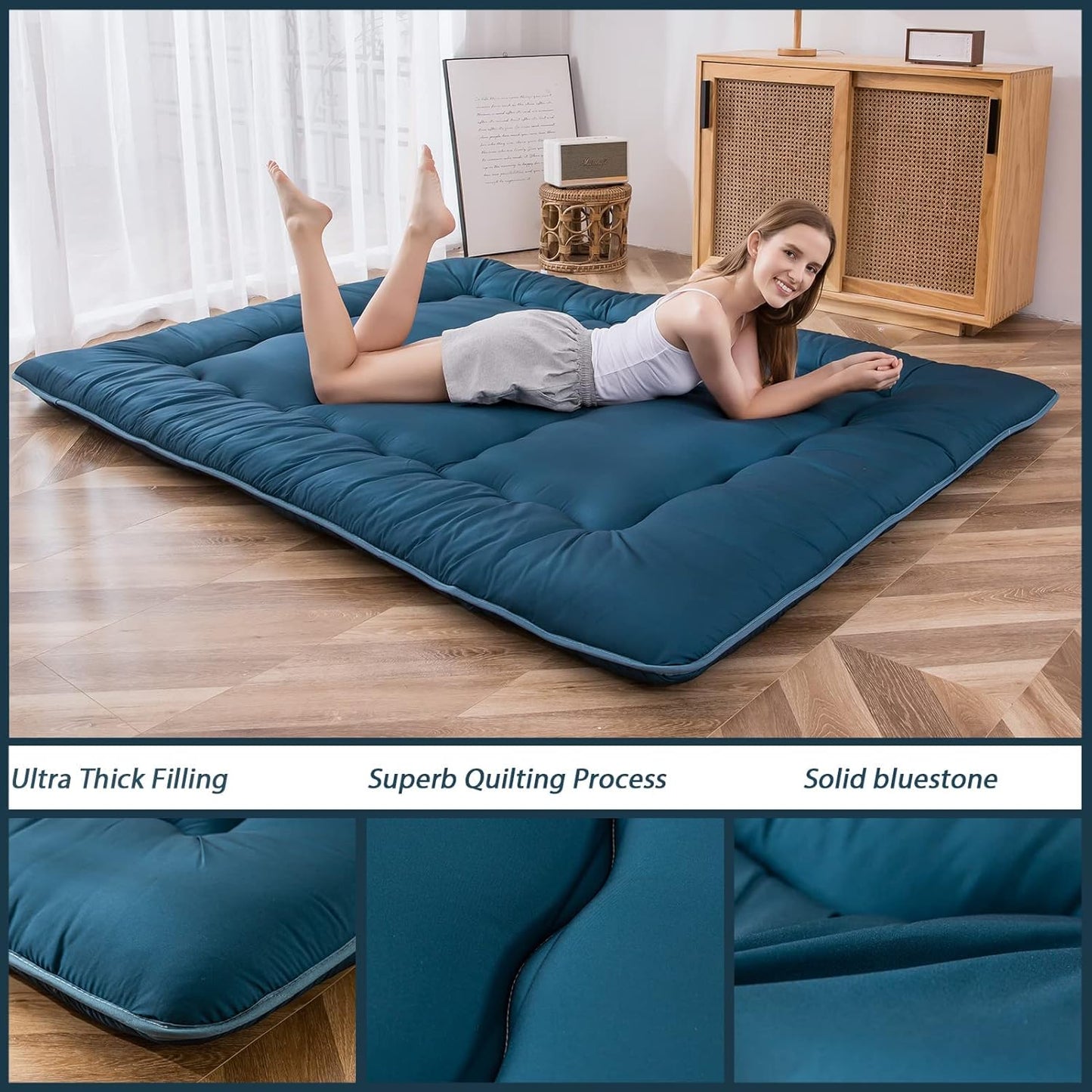 MAXYOYO Japanese Floor Mattress Futon Mattress, Thicken Sleeping Pad Foldable Roll Up Floor Futon for Adults Tatami Mat Dormitory Bed Lounger, Bluestone, Queen Size