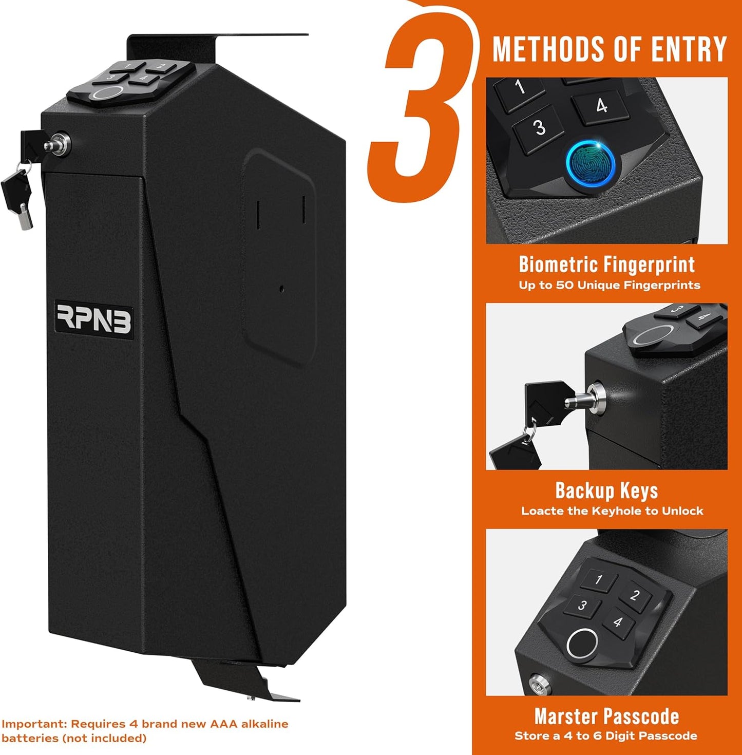 RPNB Mounted Gun Safe,California DOJ Certified Handgun Safe, Auto Open Lid Smart Pistol Safe with Biometric Fingerprint or Keypad Lock