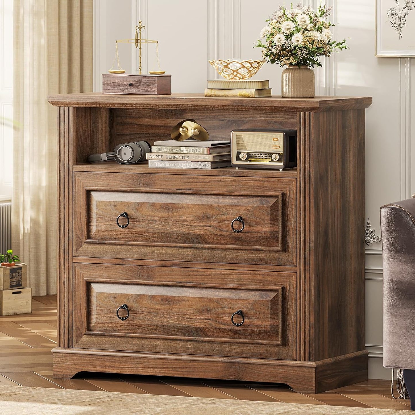 Itaar 2 Drawer File Cabinet, Farmhouse Filing Cabinet for Home Office Fits Letter, Legal, A4 Size, Wood Lateral File Cabinet with Printer Stand, Storage Shelf, Brown