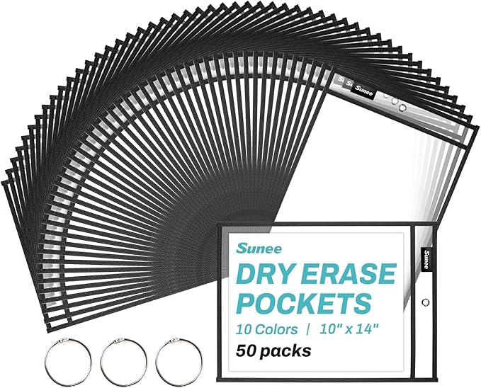 SUNEE 50 Packs Oversized Reusable Dry Erase Pocket Sleeves by SUNEE