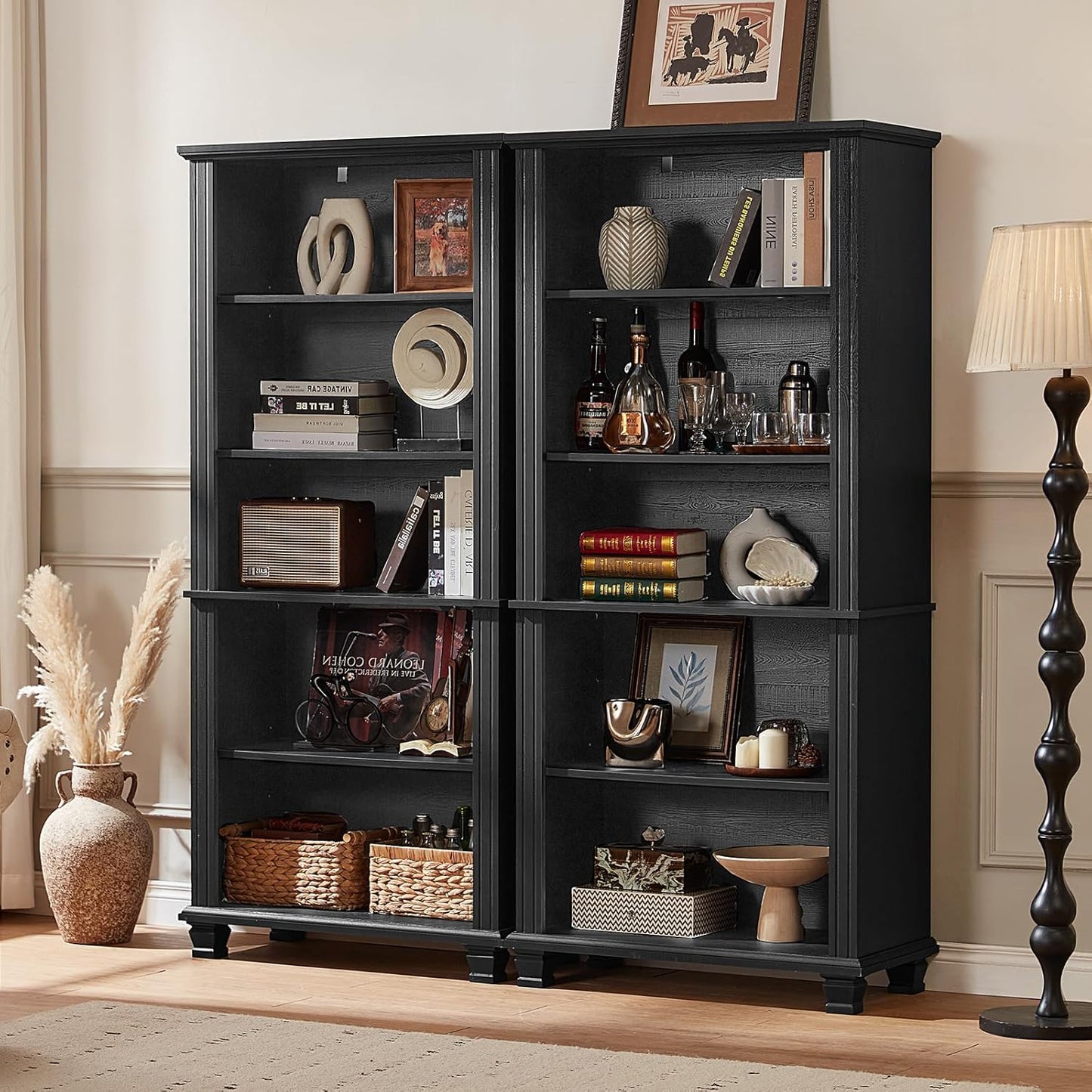 70" Tall Black Bookshelf,5 Tier Wooden Book Shelf with Adjustable Shelves & Wood Legs,Free Standing Farmhouse Bookcase with Open Display Storage,Vintage Bookshelves for Living Room, 2PCS