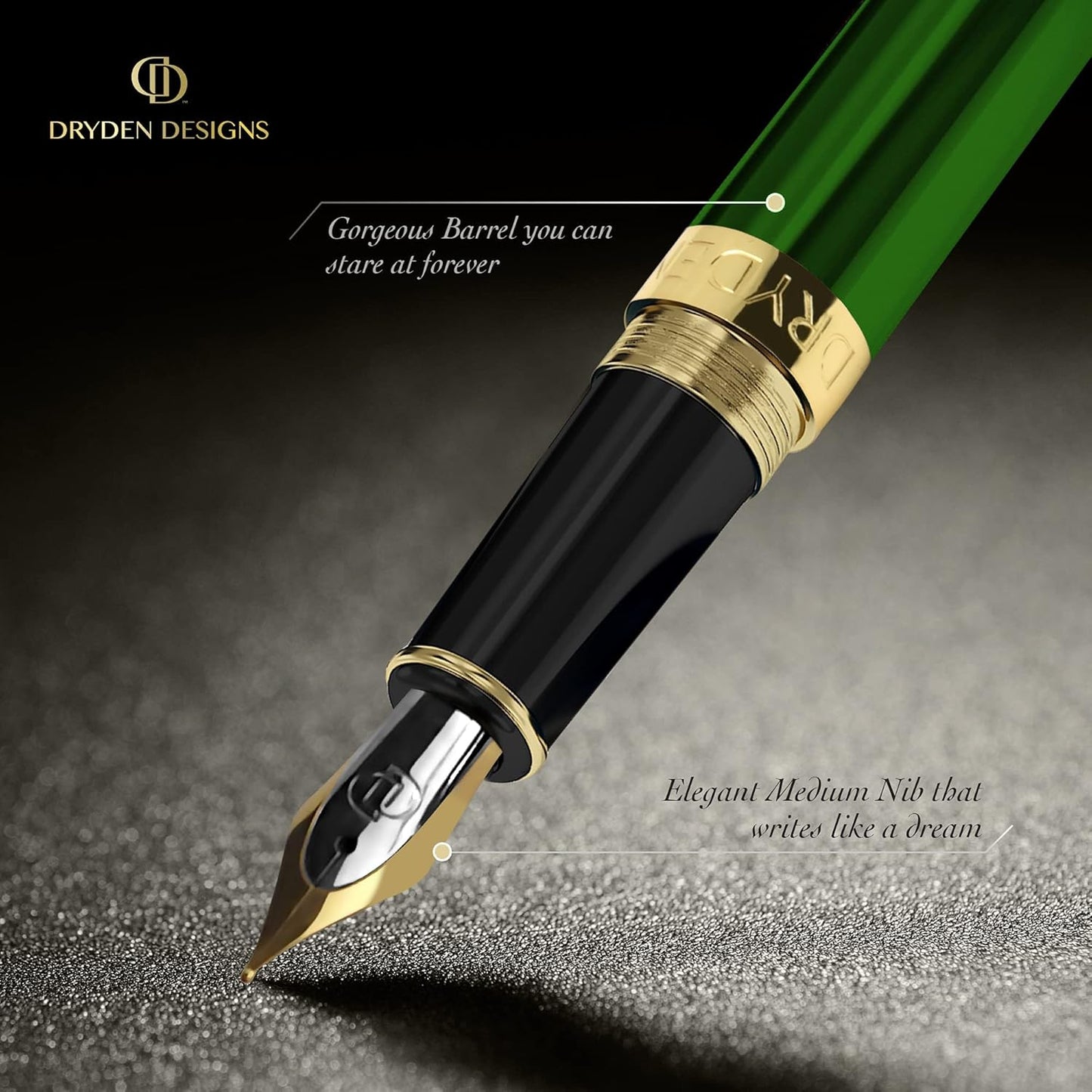Dryden Designs Fountain Pen Medium Nib Gift Pouch - with 24 Ink Cartridges - MCM (Emerald Green [with 24 Ink Cartridges])