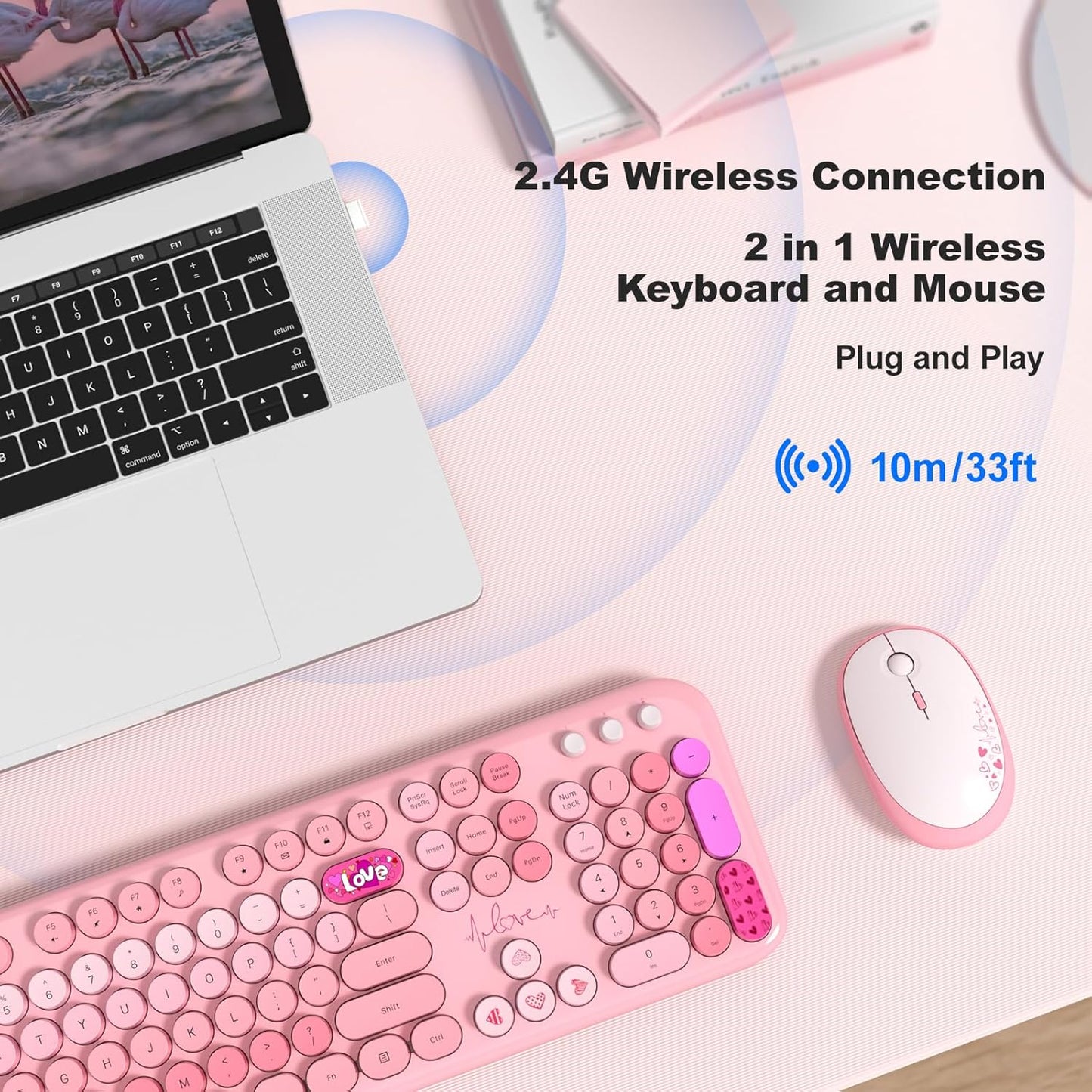 MOFII Wireless Keyboard and Mouse Combo, Cute Keyboard Full Size and Wireless Mouse, 2.4GHz Retro Typewriter Keyboard Wireless Mouse Set for PC/Desktop/Laptop/Windows (Pink Colorful)
