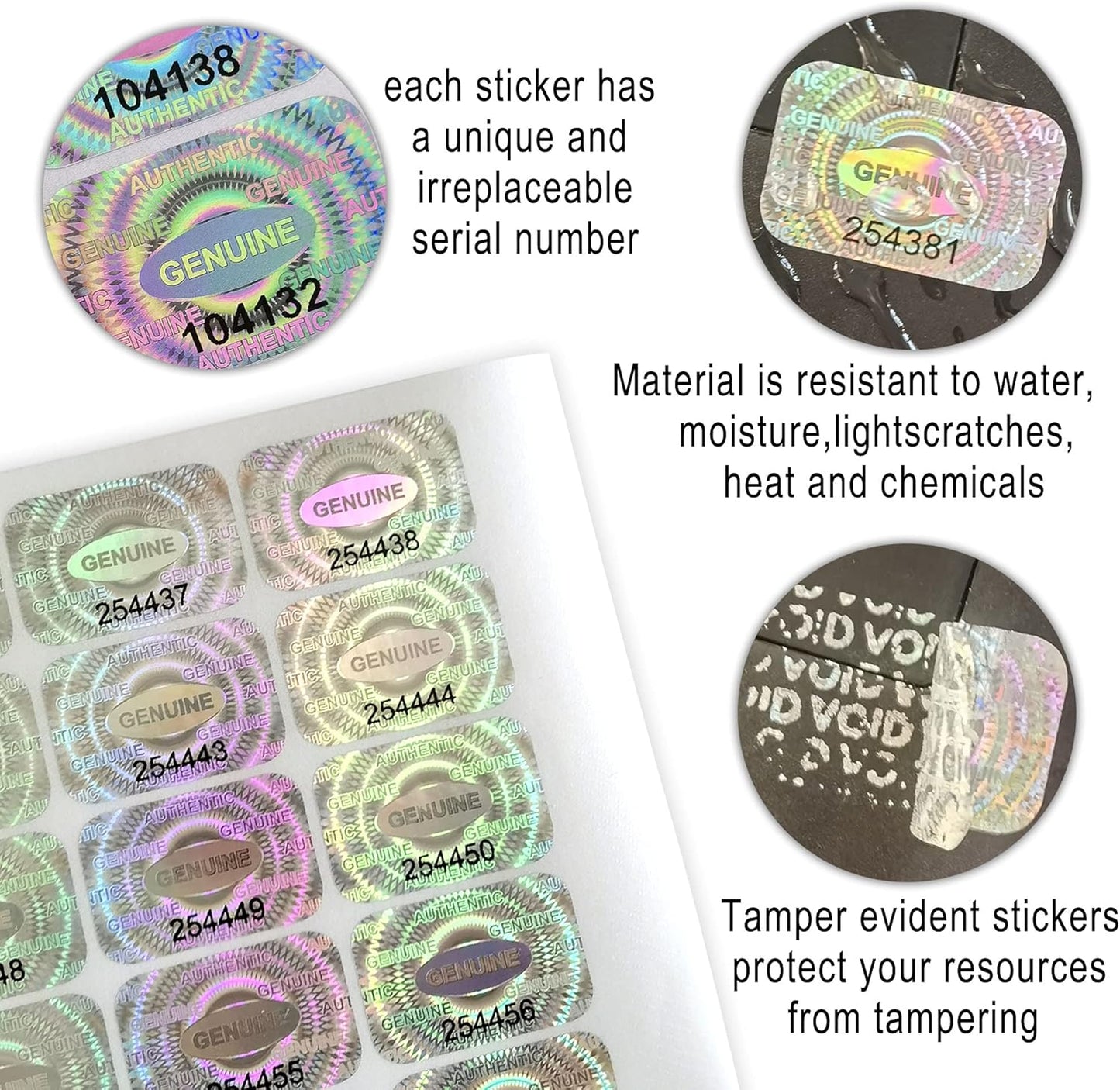 300 pcs Tamper Proof Hologram Stickers Silver High Security Tamper Evident Warranty Seal Void Genuine Authentic Holographic Labels/Stickers w/Unique Sequential Serial Numbering 0.95X0.6 inch (Silver)