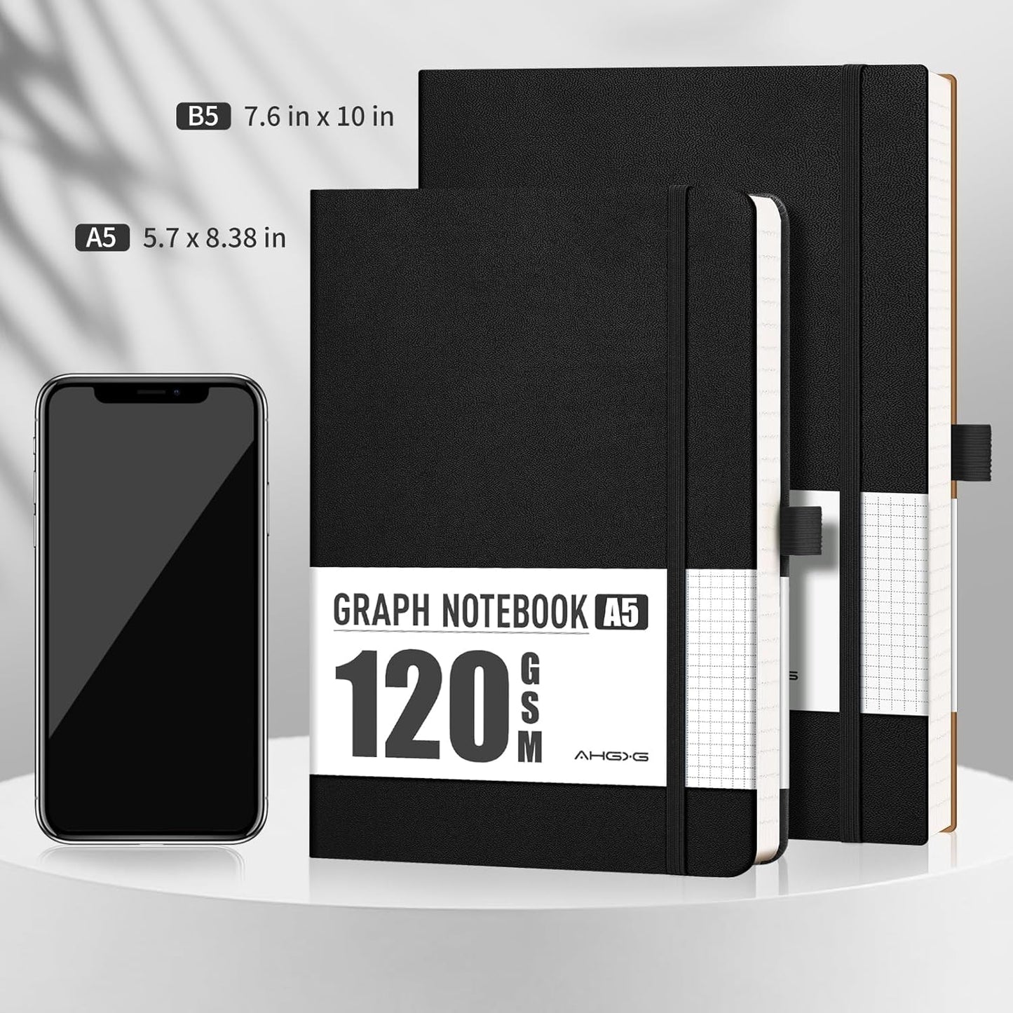 AHGXG Graph Paper Notebook - Grid Notebook Journal, 120 GSM Thick Graph Paper, Large B5 Notebook 96 Pages, Leather Softcover, for Graphing, Writing, Math, Engineering, 7.6'' X 10'' - Black
