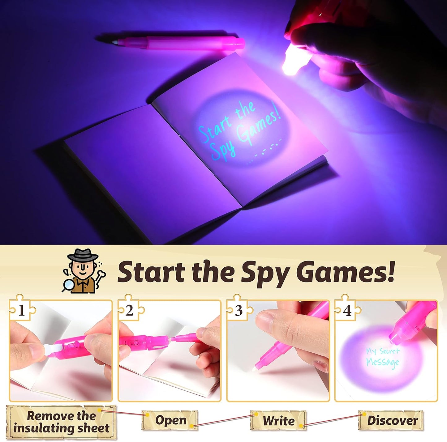GIFTINBOX Invisible Ink Pens with UV light for Kids, Spy Pen Party Favors for Kids 8-12, 12 Pack Invisible Ink Pen and Notebook, Magic Marker for Secret Message Birthday Party Favors for Kid 4-8