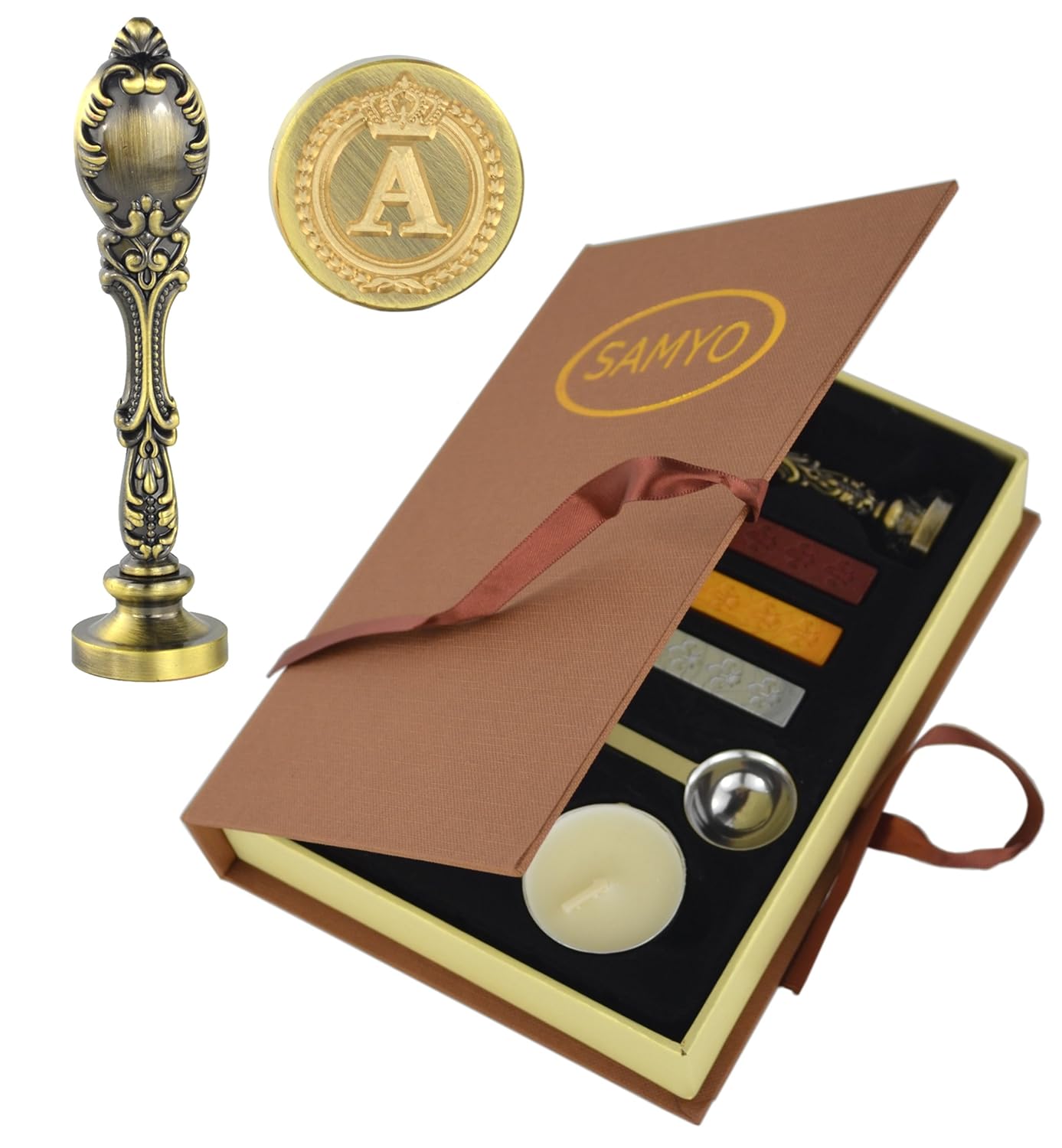 Samyo Creative Romantic Stamp Maker Classic Old-Fashioned Style Brass Color Wax Seal Sealing Stamp Vintage Antique Alphabet Initial Letter Set - (Letter A)