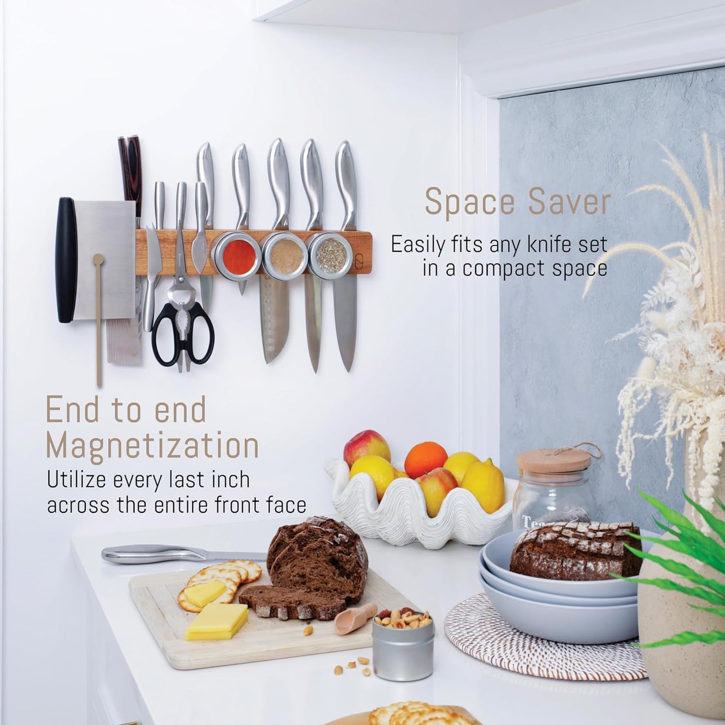 Premium 24 inch Magnetic Knife Holder for Wall with 2x Storage & Charming Wood - Knife Magnetic Strip, Under Cabinet Magnet Knives Storage - Magnet Strip Rack Kitchen Utensil Holder Organizer Tool
