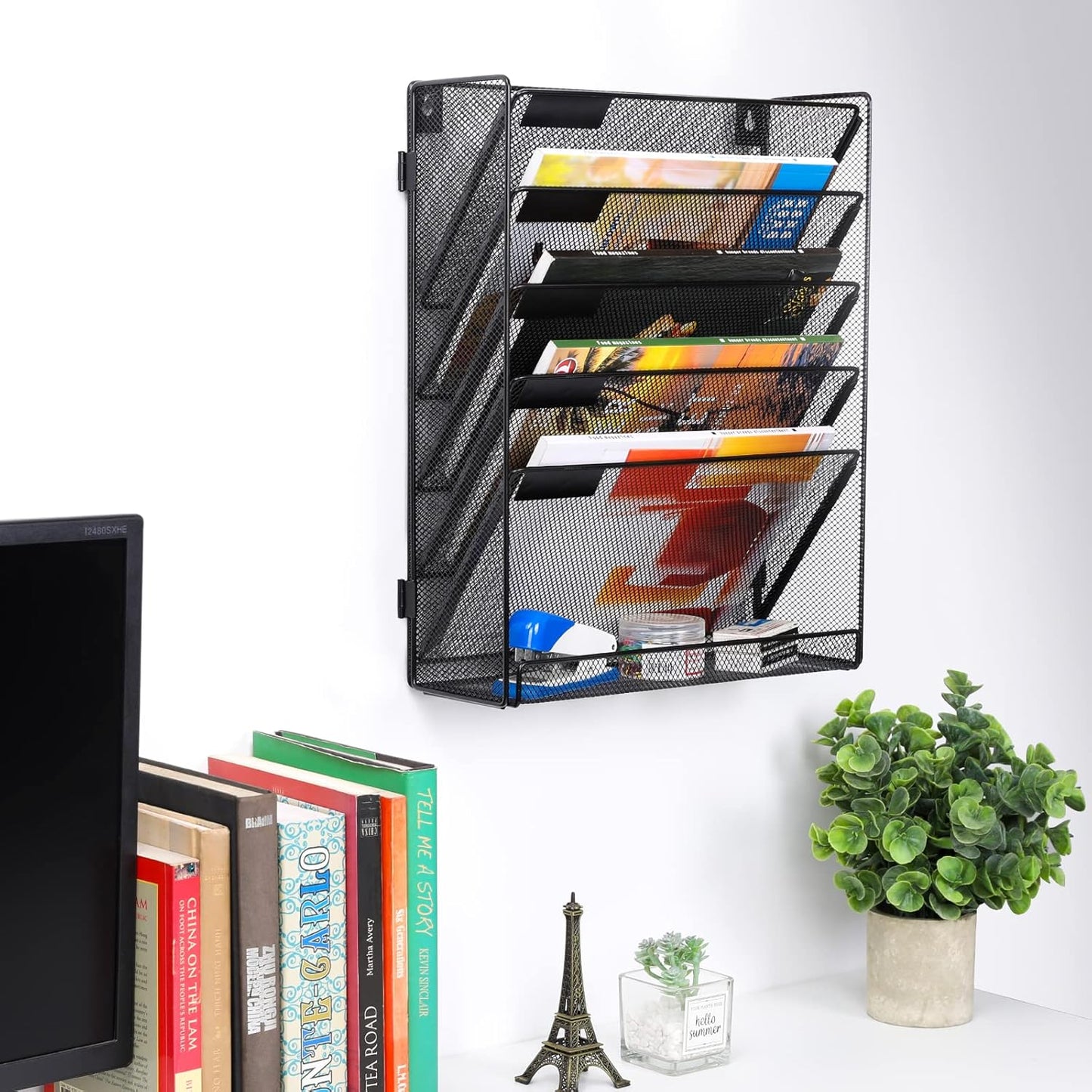 EasyPAG 2 Pack Wall File Organizer 5 Tier Assembly Office Supplies Vertical Hanging File Folders Holder Paper Rack,Black