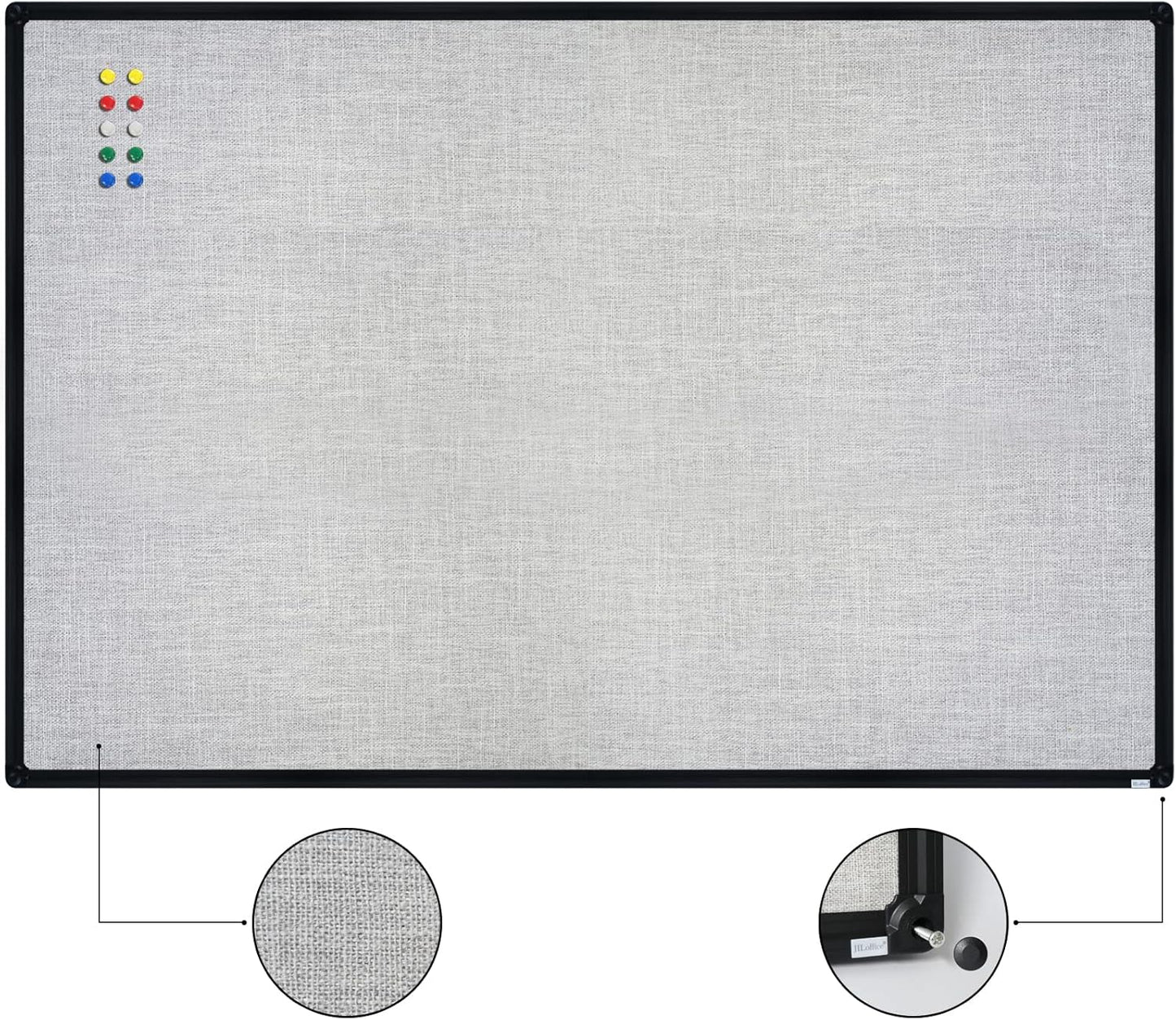 JILoffice Cork Linen Bulletin Board 36 X 24 Inch (Grey), Black Aluminum Frame Wall Mounted Board Memo Pin Board for Office Home and School