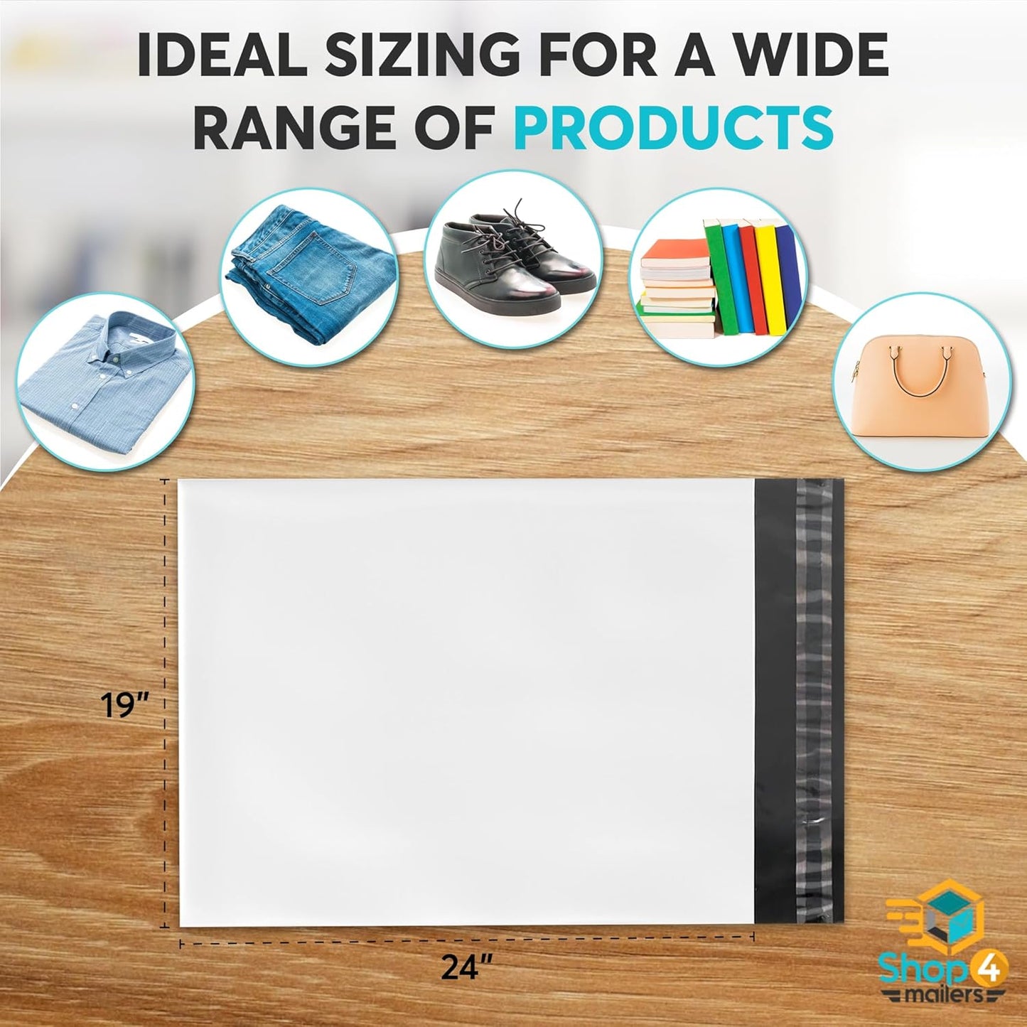 Shop4Mailers 19 x 24 Glossy White Plastic Self Seal Poly Mailer Flat Bags Waterproof Shipping Envelope 2.17 Mil for Apparel, Clothes, Shirts, Books – Permanent Adhesive Seal (250 Pack)
