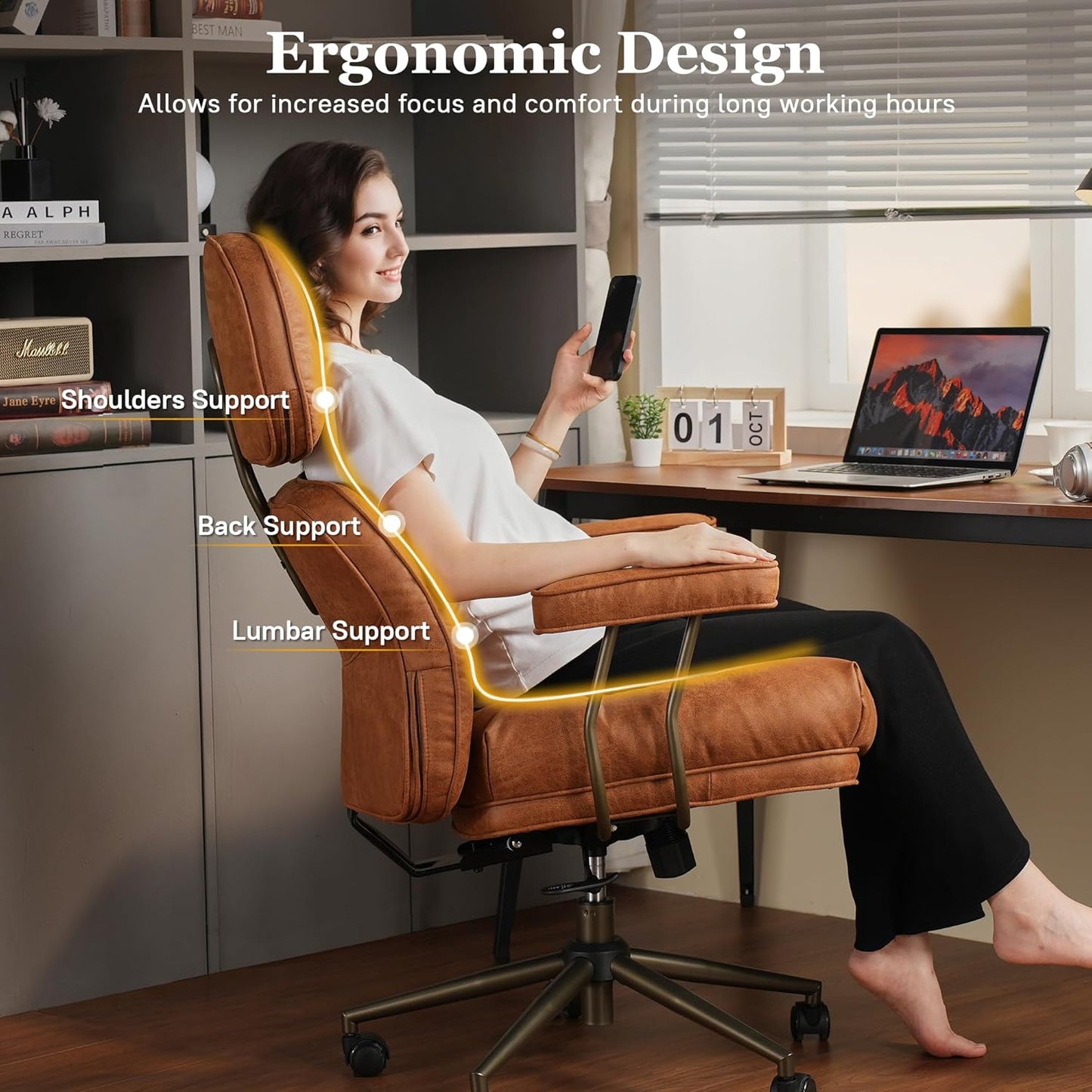 Mid Century Modren Big and Tall Office Chair,Large Ergonomic Executive Chair for Heavy Duty People, Computer Desk Task Chair with Wheels, Faux Lether Fabric Wide Chair for Home Sturdy,Brown(Suede)