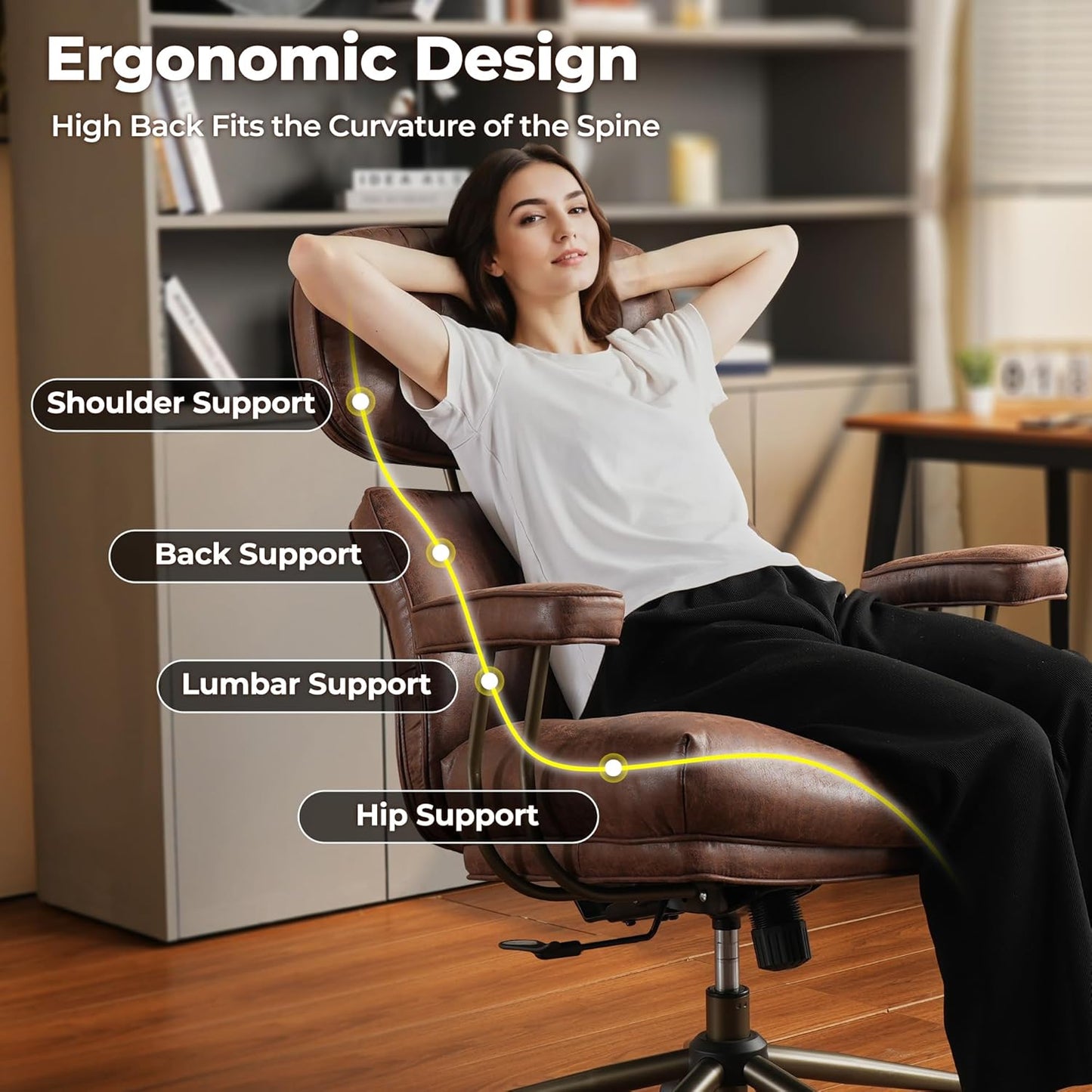 ovios Home Office Chair, Mid-Century Modern Faux PU Leather Chairs with Lumbar Support Comfy Thick Cushion, High Back Ergonomic Swivel Rolling Executive Armchair (Dark Brown, Suede Leather)