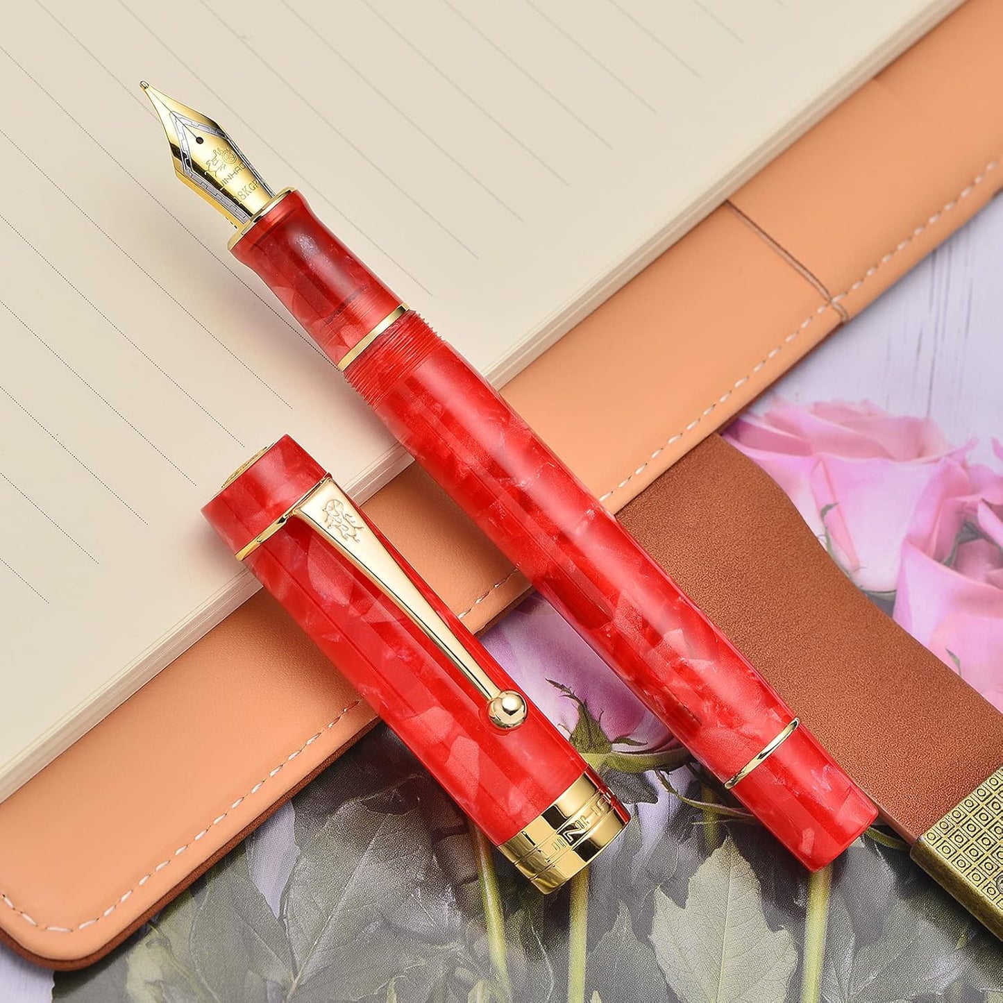 Jinhao 100 Fountain Pen Celluloid Classic Style, #6 Nib Smooth Writing Instrument with Refillable Converter and Pen Case Set