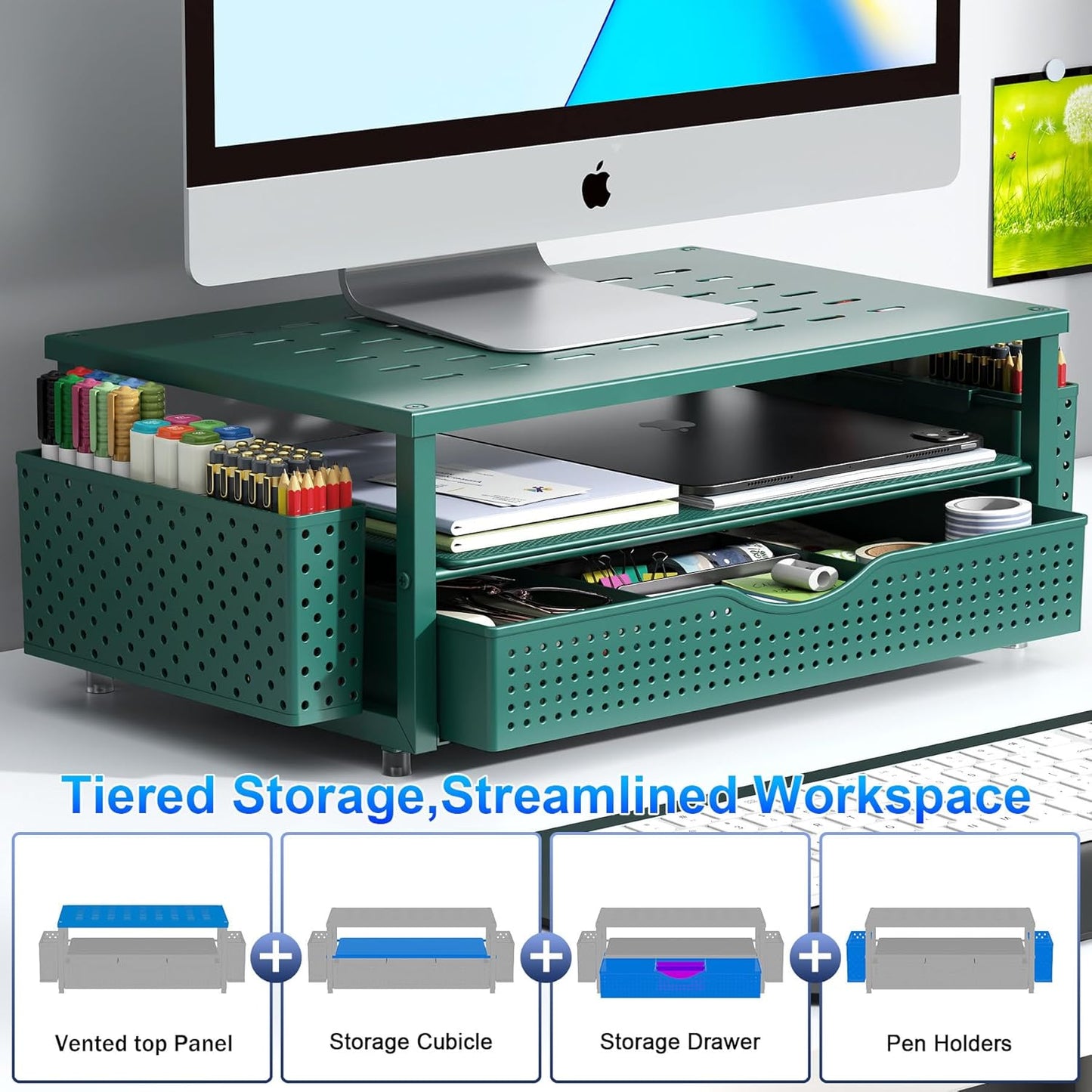 gianotter Desk Organizers and Accessories, Monitor Stand with Drawer and 2 Pen Holder, Desktop Organizer Suitable for Offices and Dormitories (Green)
