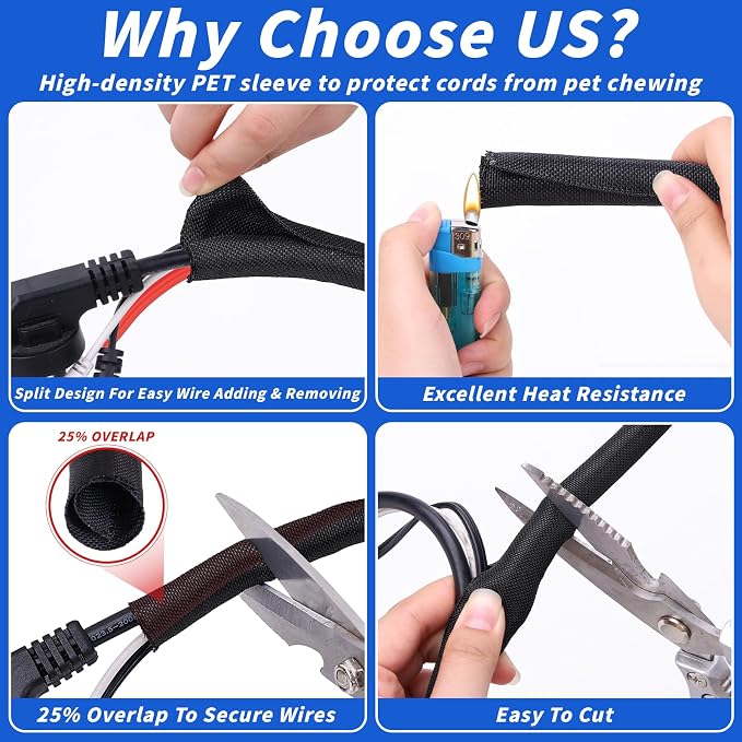 15FT Split Braided Sleeve Cable Management, 1/4 Inch Wire Loom Tubing Cord - Image 3