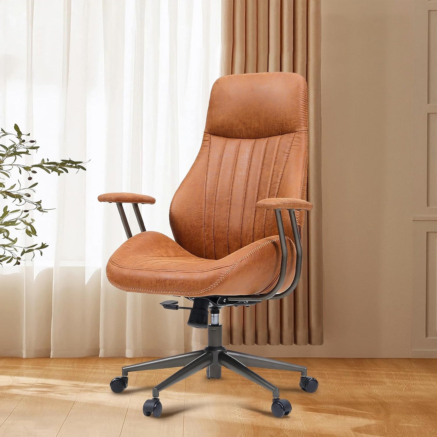 Mid Century Modren Office Chair - High Back Swivel Executive Chair with Lumbar Support,Ergonomic Computer Desk Chair with Wheels,Faux Lether Suede Task Chair,350lbs (Brown, High Back)