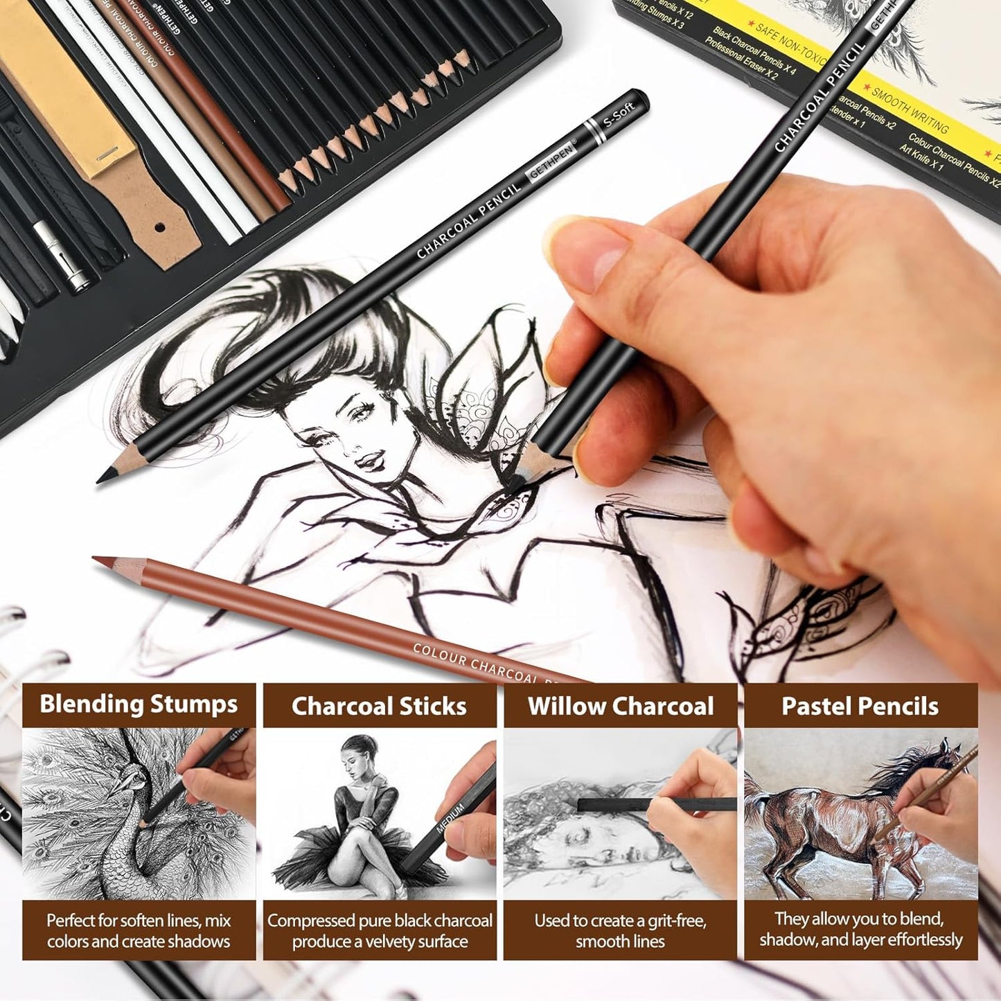 Sketch Pencils for Drawing,34 Pcs,Graphite Pencil (14B-4H), Charcoal Pencil,With Graphite Sticks, Erasers and Sharpener, Art Pencils for Sketching,Artist Set for Beginners and Professionals